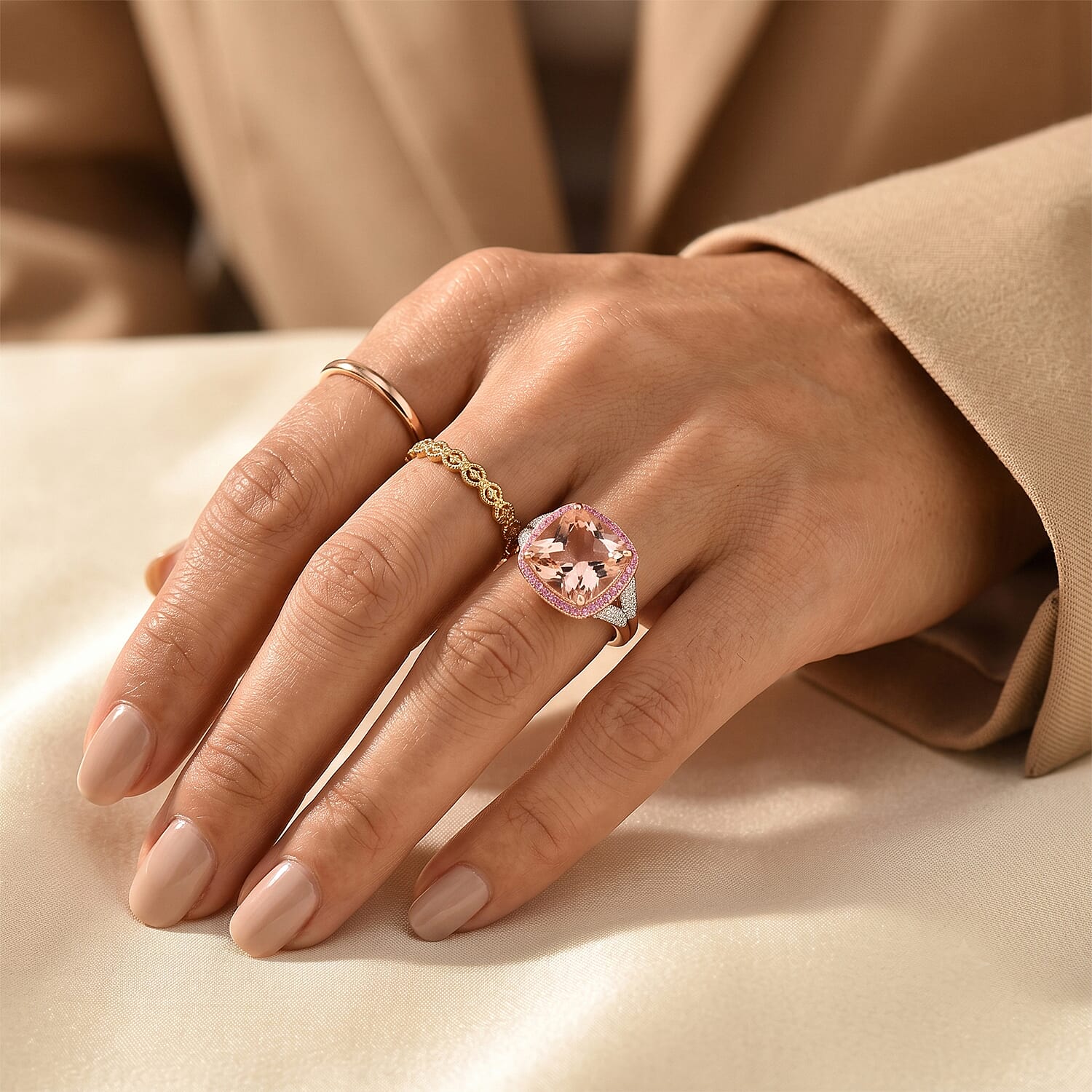 Luxoro AAA Marropino Morganite and Madagascar Pink Sapphire and Diamond I2 7.10 ctw Ring in 10K Rose Gold (Size 6.0) 5.25 Grams