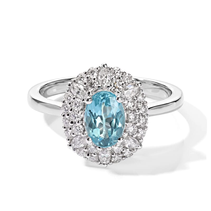 Certified and Appraised D'Joy Premium Betroka Blue Apatite and Moissanite 1.30 ctw Ring in Rhodium Over Sterling Silver (Size 7.0)