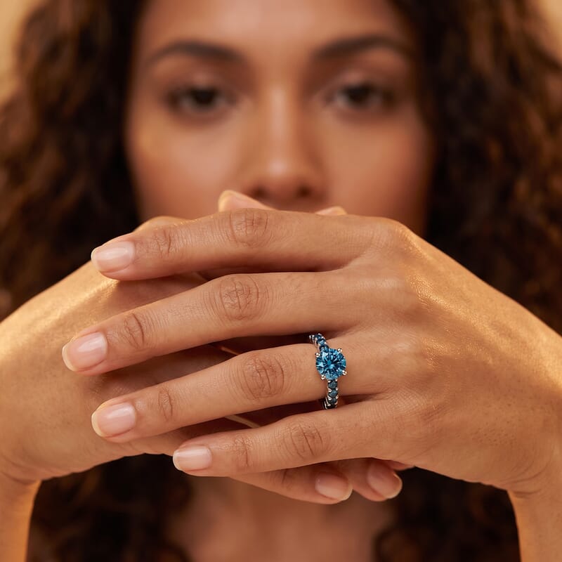 SGL Certified Luxuriant Lab Grown Blue Diamond (IR) (SI) 1.50 ctw Signature Embrace Ring in Rhodium Over Sterling Silver (Size 6.0)