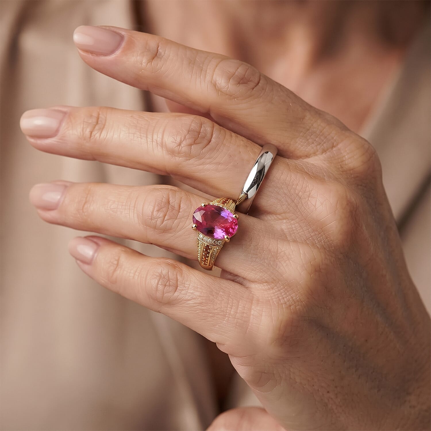 EverTrue Volcanic Triplet Quartz and Multi Gemstone 10.80 ctw Ring in 18K YG Plated (Size 5.0)