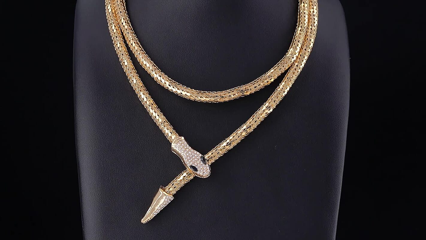 White and Black Austrian Crystal Serpent Necklace in Goldtone (30-39.5Inches)