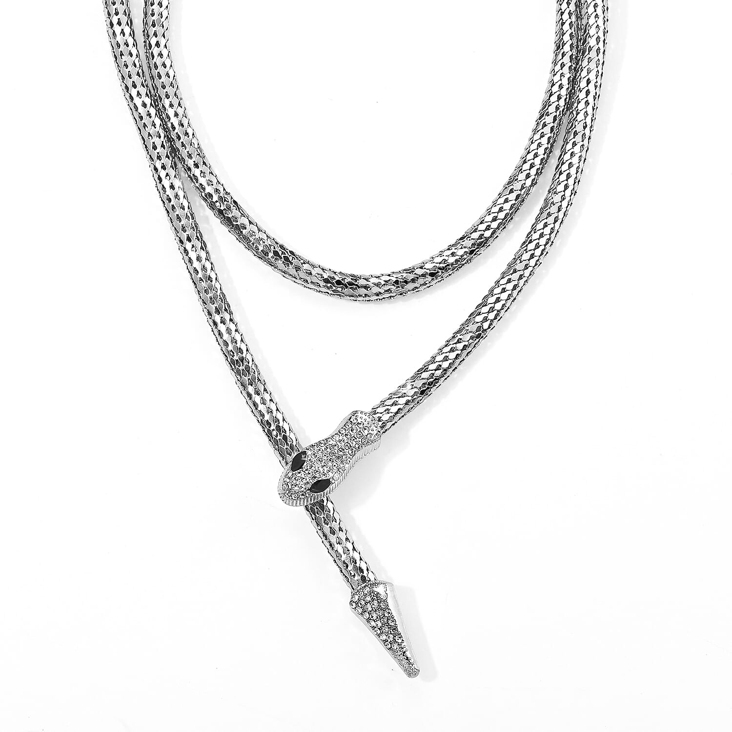 White and Black Austrian Crystal Serpent Necklace in Silvertone (34-42Inches)