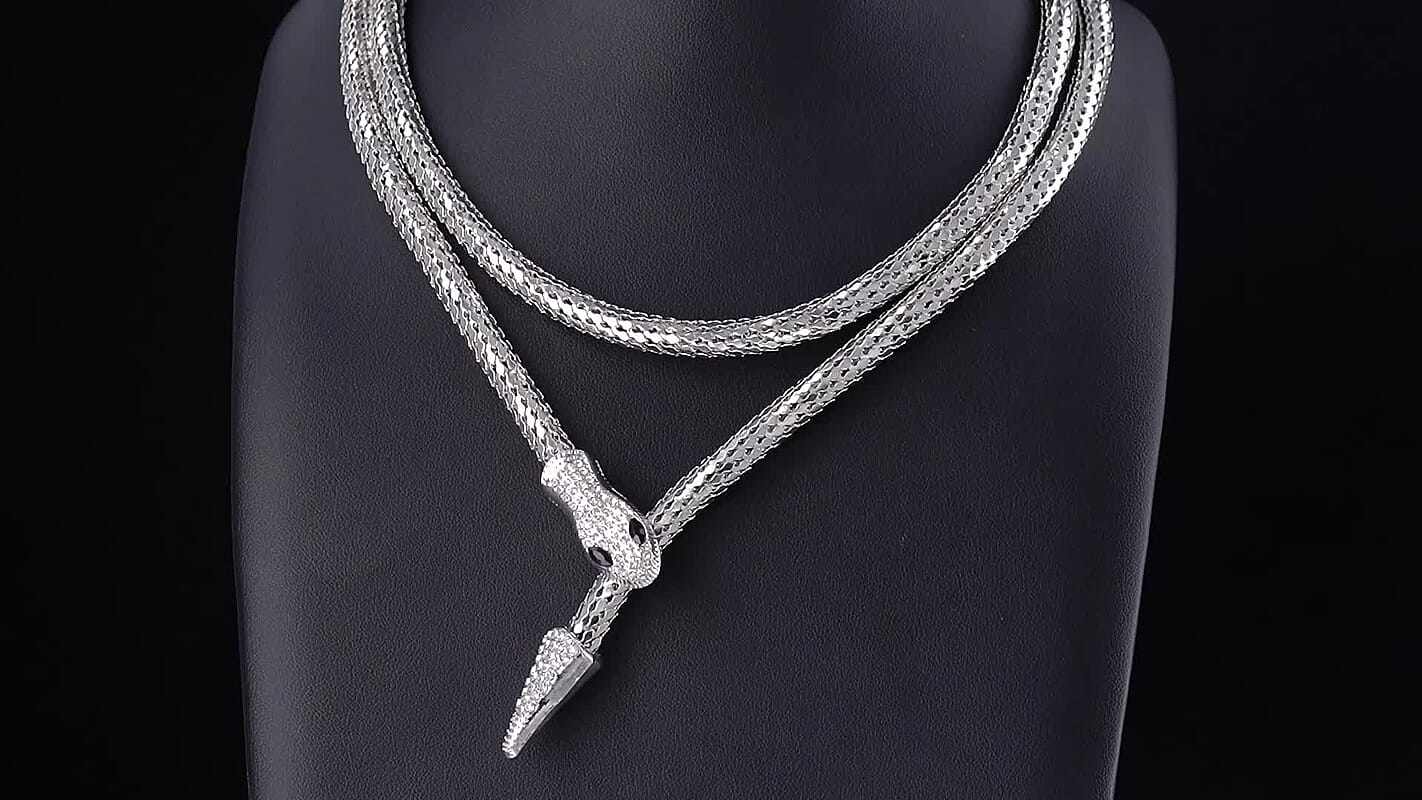White and Black Austrian Crystal Serpent Necklace in Silvertone (34-42Inches)