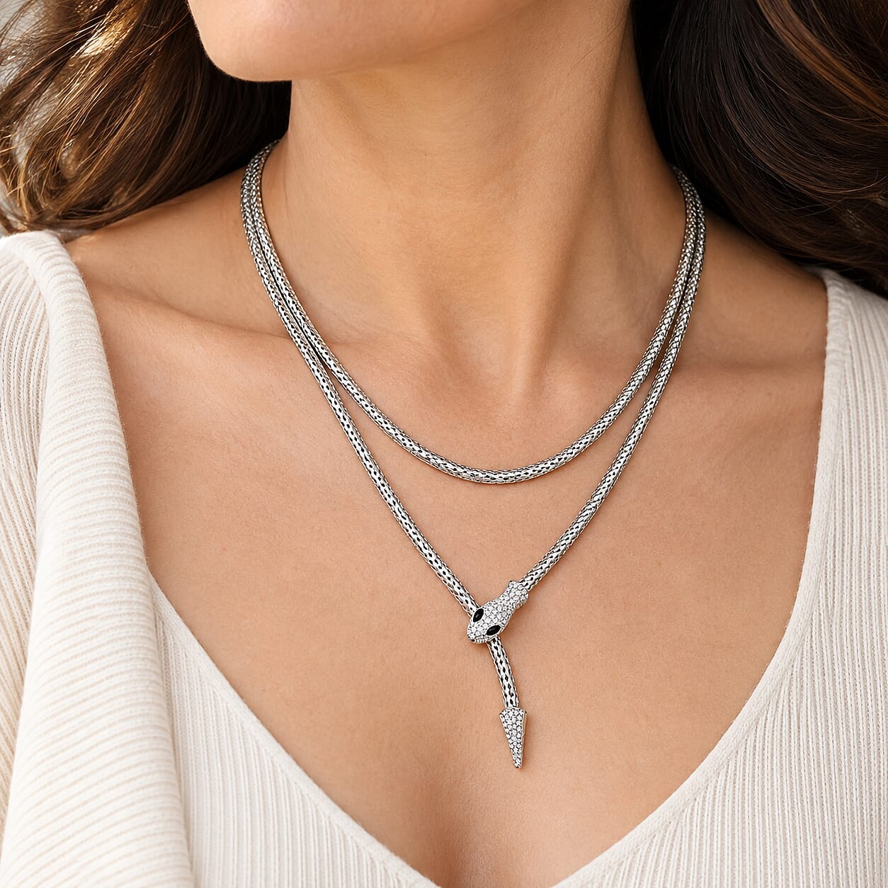White and Black Austrian Crystal Serpent Necklace in Silvertone (34-42Inches)