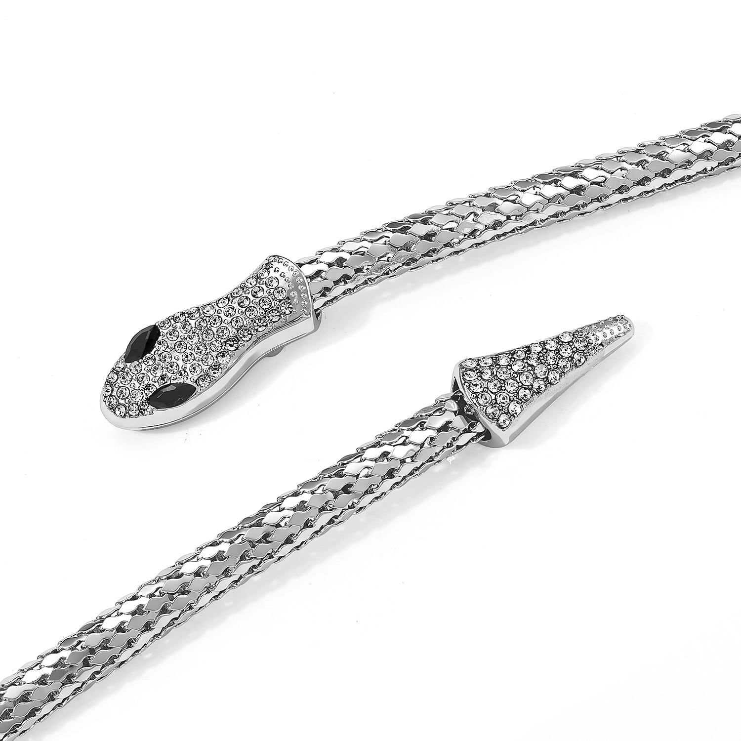 White and Black Austrian Crystal Serpent Necklace in Silvertone (34-42Inches)
