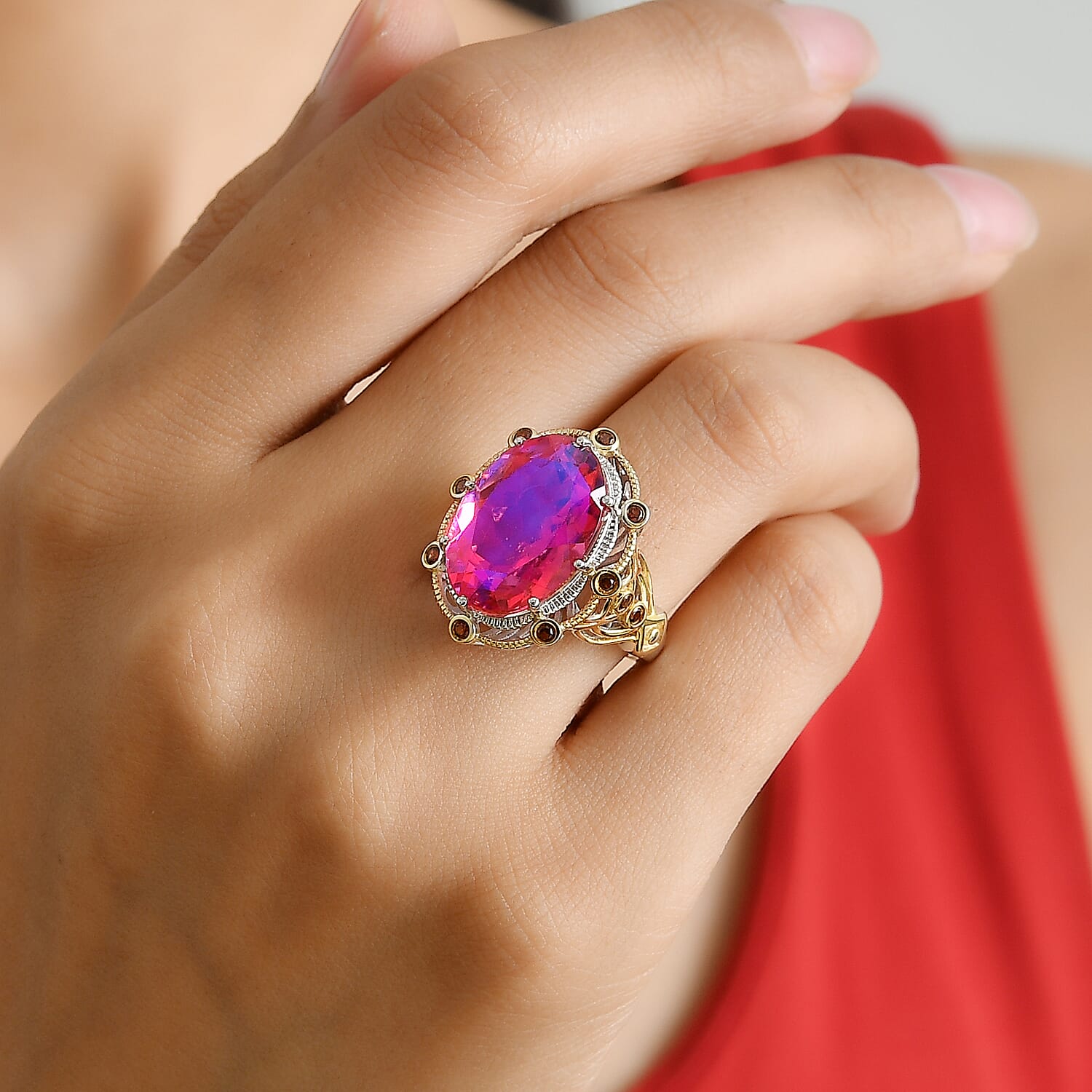 EverTrue Volcanic Quartz (Triplet) and Mozambique Garnet 13.90 ctw Ring in 18K YG Plated and Platinum Bond (Size 5.0)