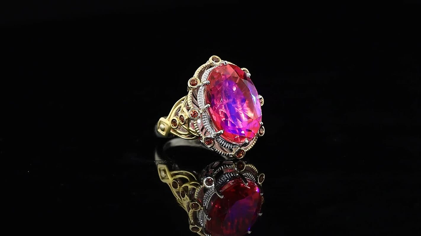 EverTrue Volcanic Quartz (Triplet) and Mozambique Garnet 13.90 ctw Ring in 18K YG Plated and Platinum Bond (Size 10.0)