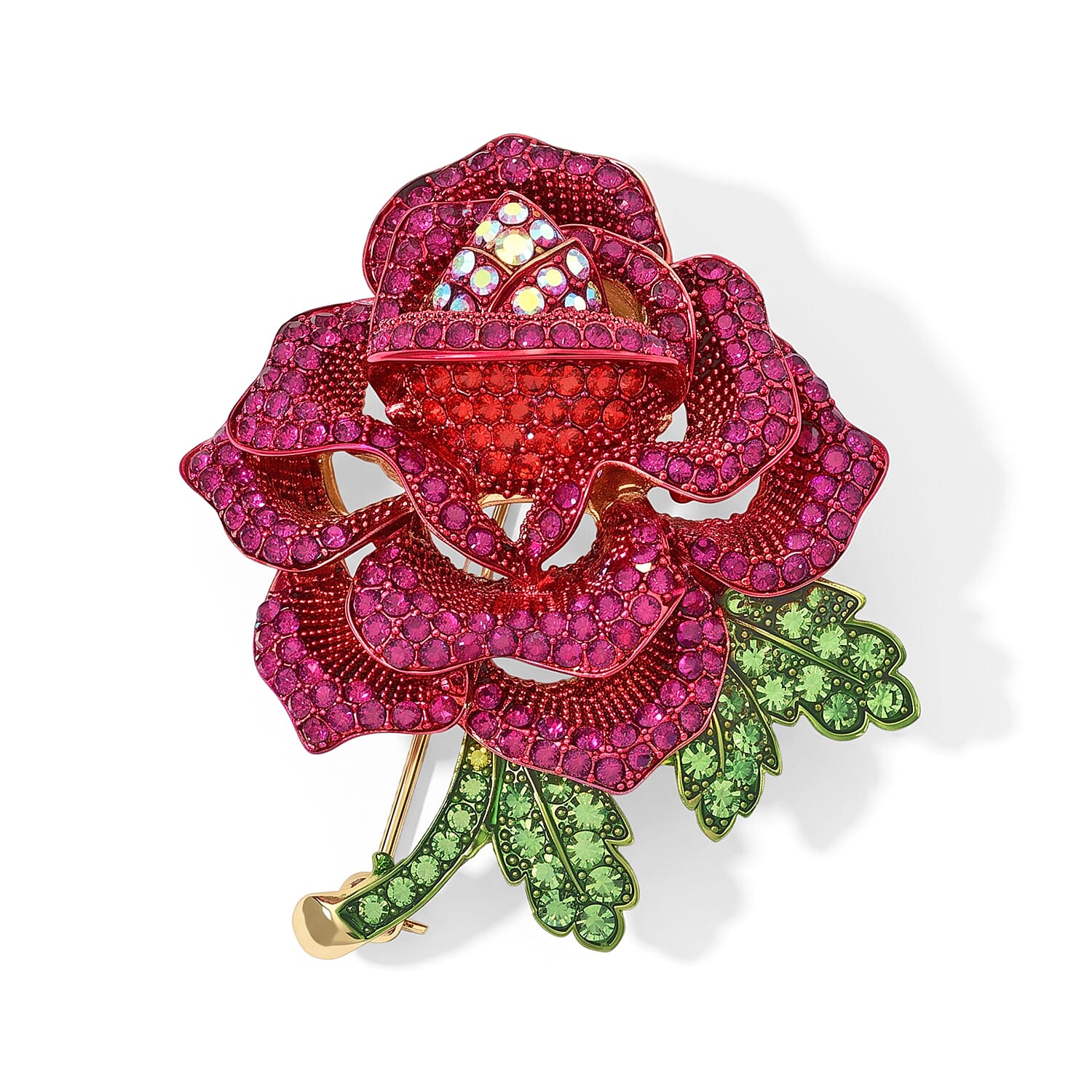 Austrian Multi Crystal Red Rose Brooch in Goldtone
