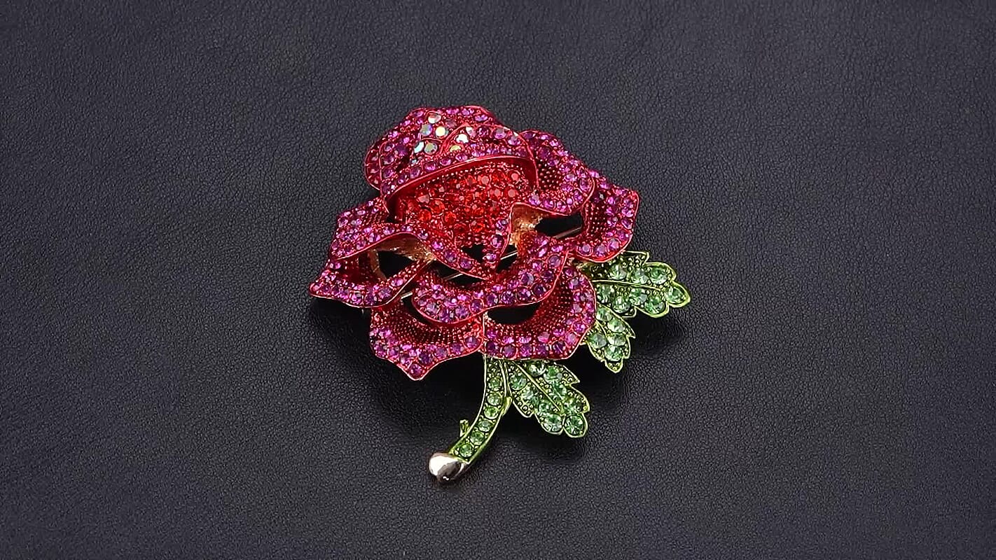 Austrian Multi Crystal Red Rose Brooch in Goldtone