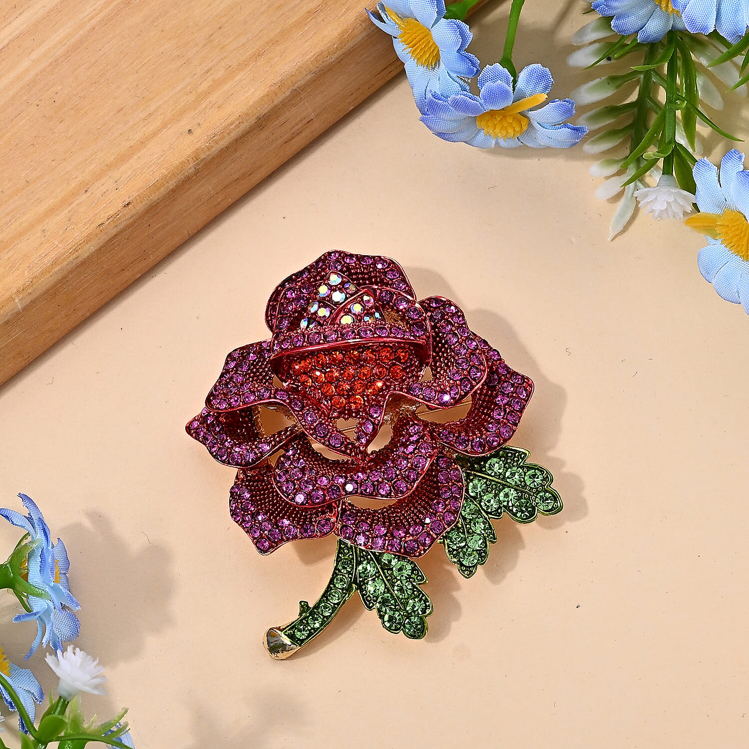 Austrian Multi Crystal Red Rose Brooch in Goldtone