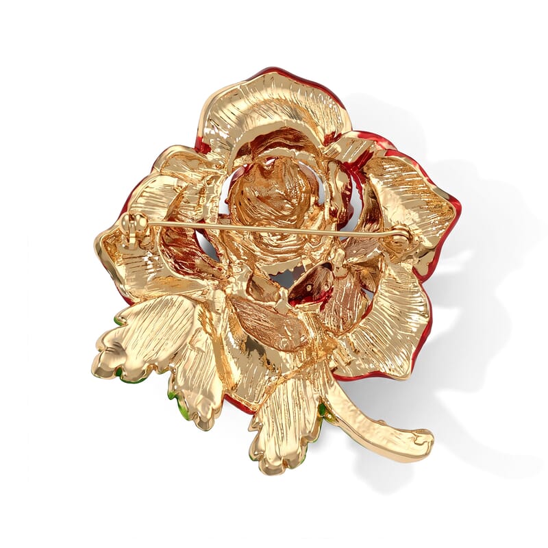 Austrian Multi Crystal Red Rose Brooch in Goldtone