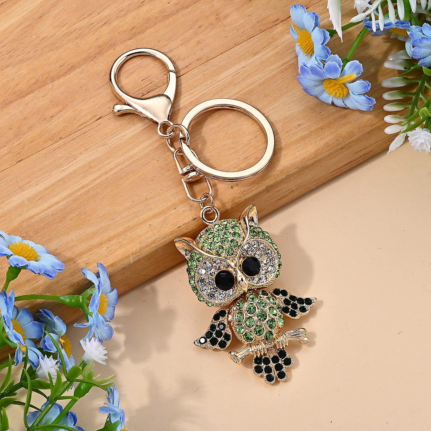 Austrian Multi Crystal Owl Keychain in Goldtone