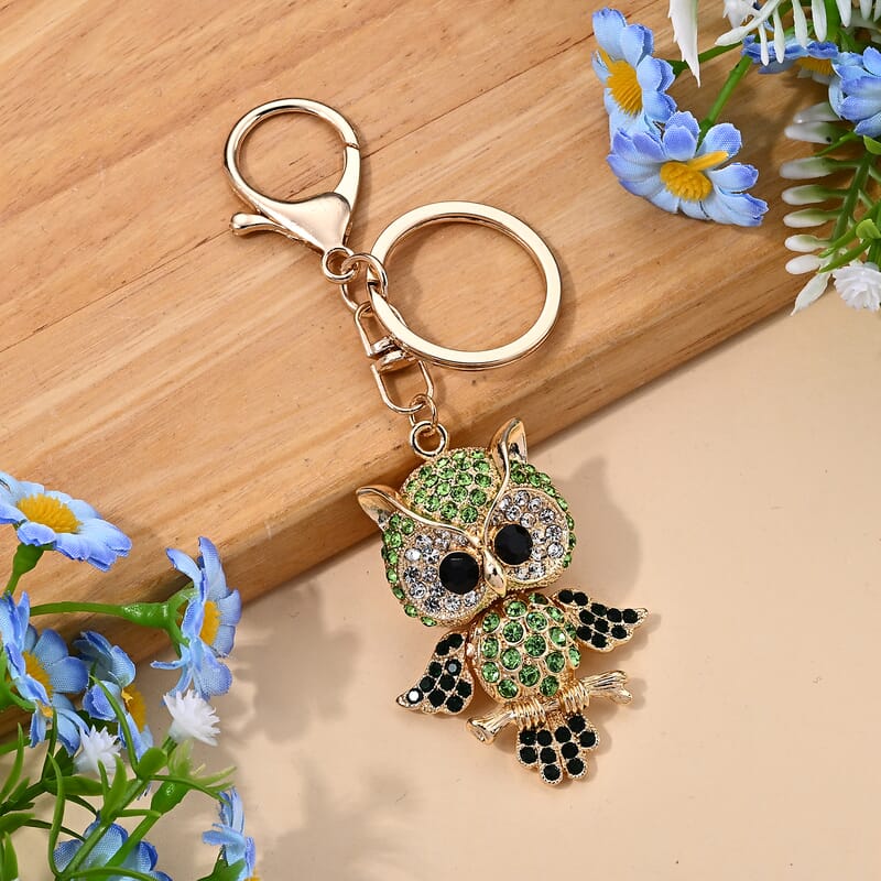 Austrian Multi Crystal Owl Keychain in Goldtone
