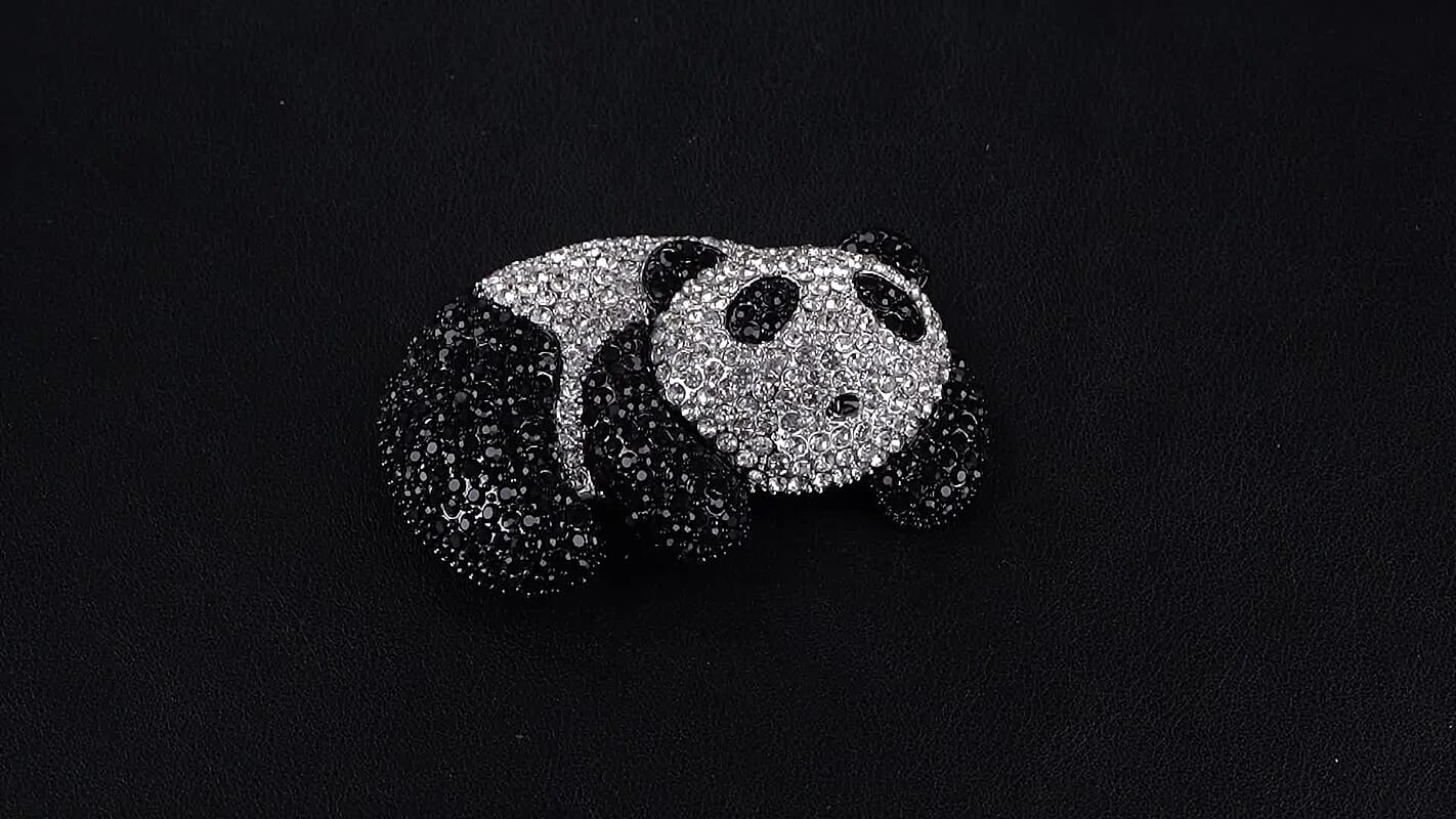 Austrian Black and White Crystal Panda Enameled Brooch