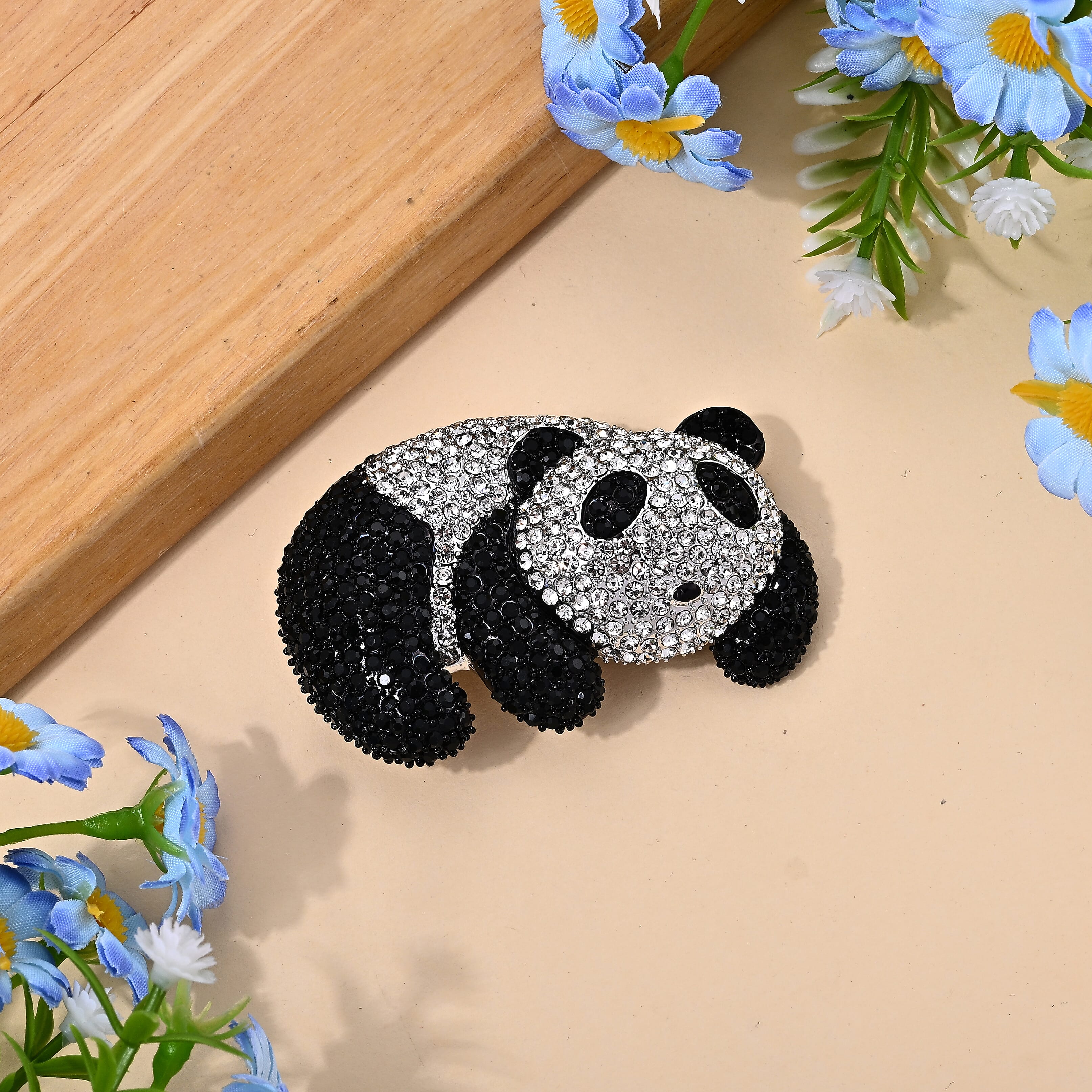 Austrian Black and White Crystal Panda Enameled Brooch