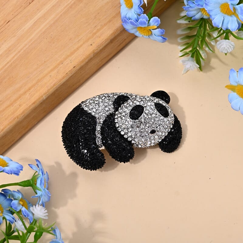 Austrian Black and White Crystal Panda Enameled Brooch