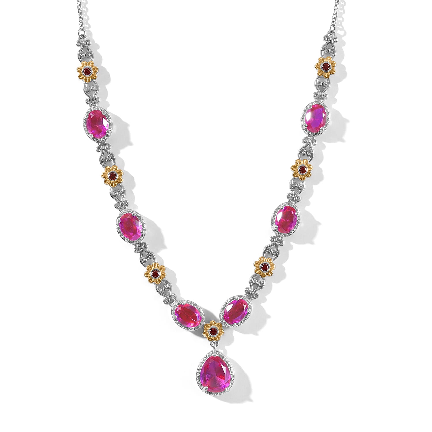 EverTrue Volcanic Triplet Quartz and Mozambique Garnet 9.15 ctw Necklace (18 Inches) in 18K YG Plated and Platinum Bond
