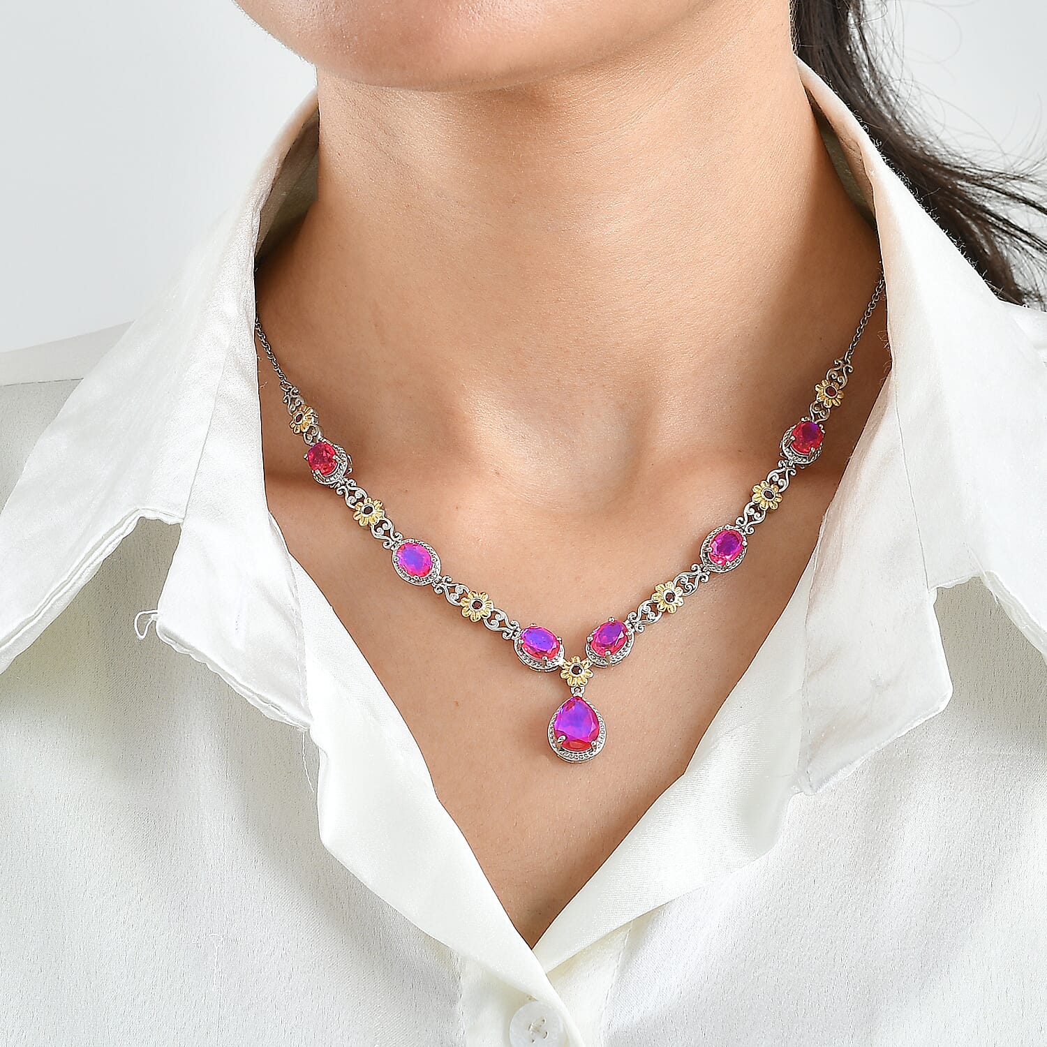 EverTrue Volcanic Triplet Quartz and Mozambique Garnet 9.15 ctw Necklace (18 Inches) in 18K YG Plated and Platinum Bond