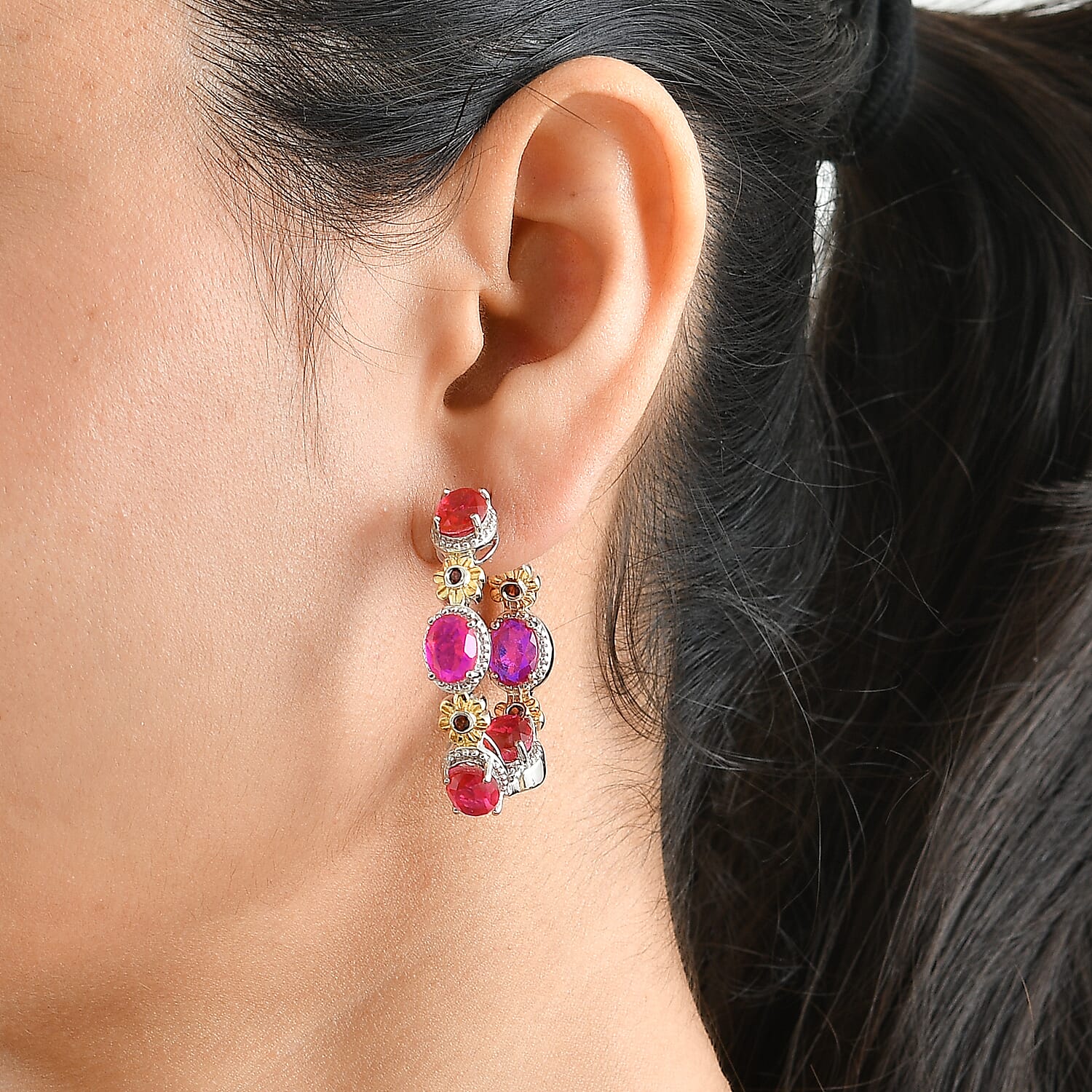 EverTrue Volcanic Triplet Quartz and Mozambique Garnet 15.00 ctw Hoop Earrings in 18K YG Plated and Platinum Bond
