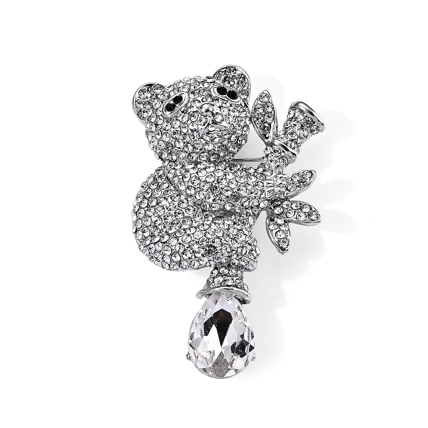 Austrian White and Black Crystal Cat Brooch in Silvertone