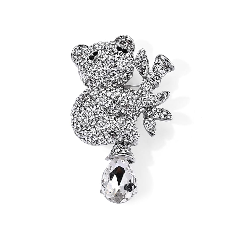 Austrian White and Black Crystal Cat Brooch in Silvertone