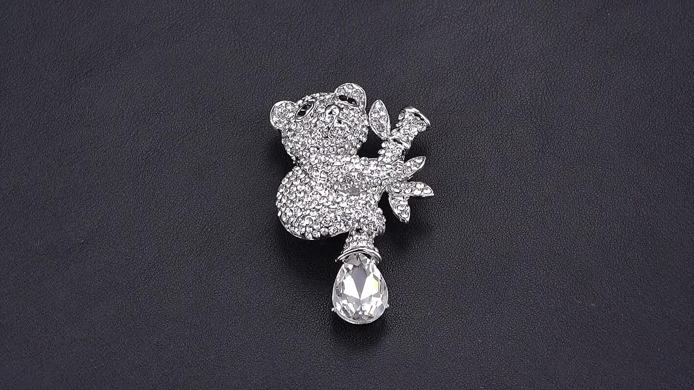 Austrian White and Black Crystal Cat Brooch in Silvertone