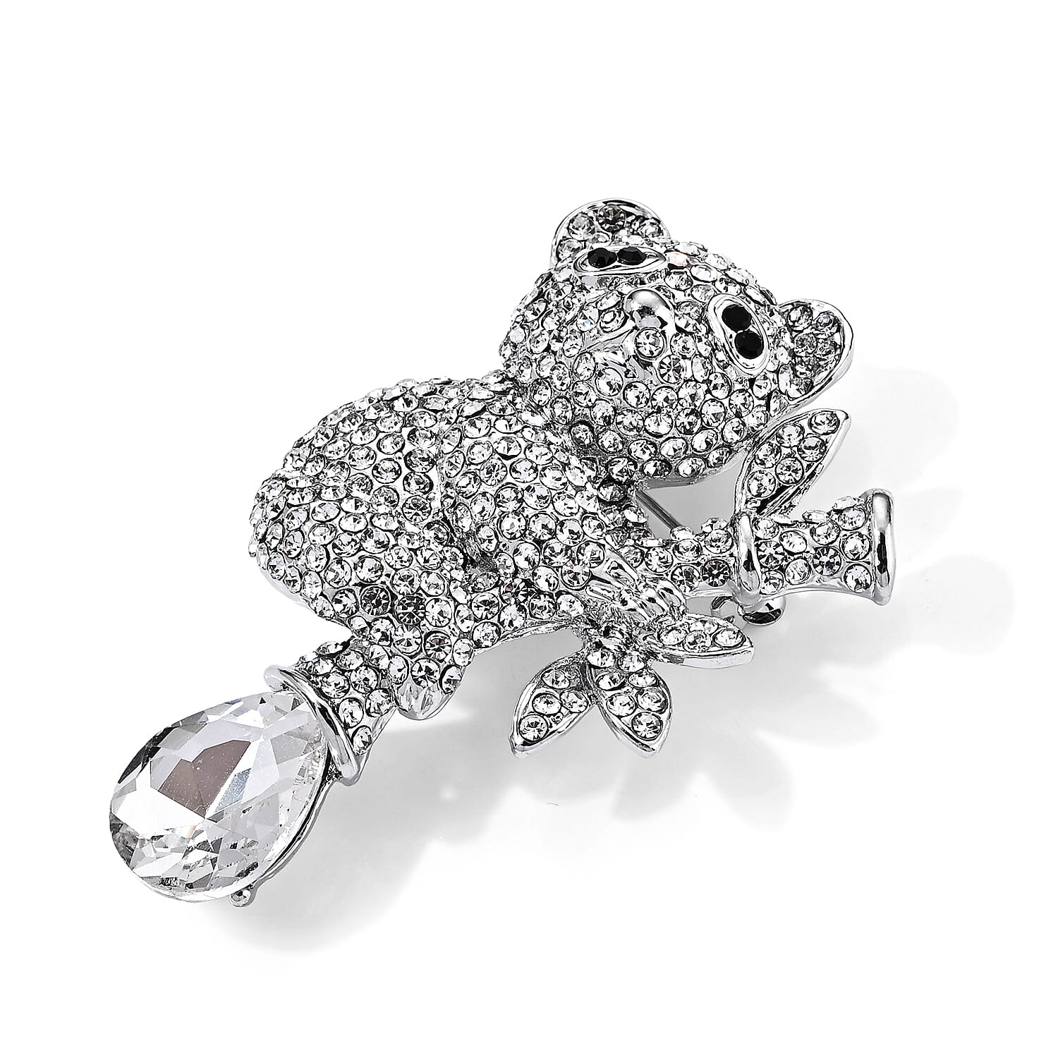 Austrian White and Black Crystal Cat Brooch in Silvertone