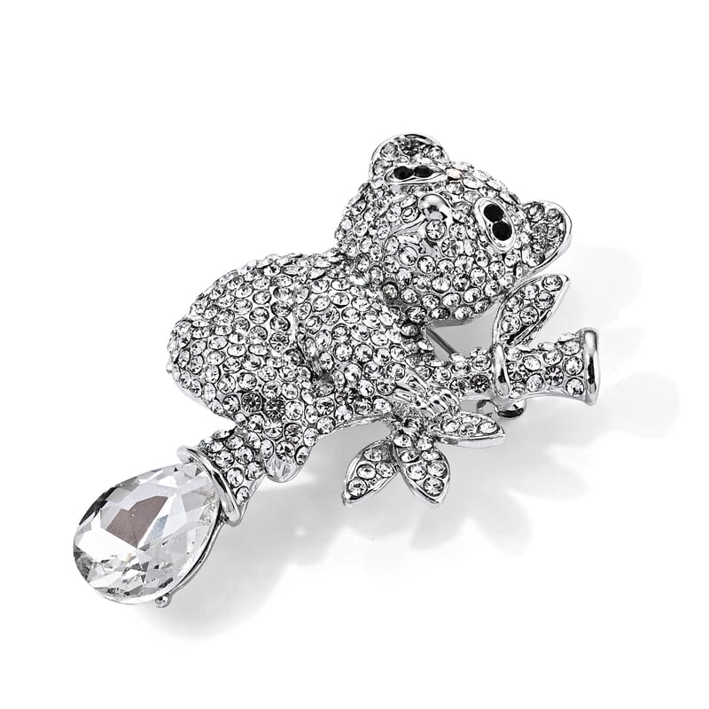 Austrian White and Black Crystal Cat Brooch in Silvertone