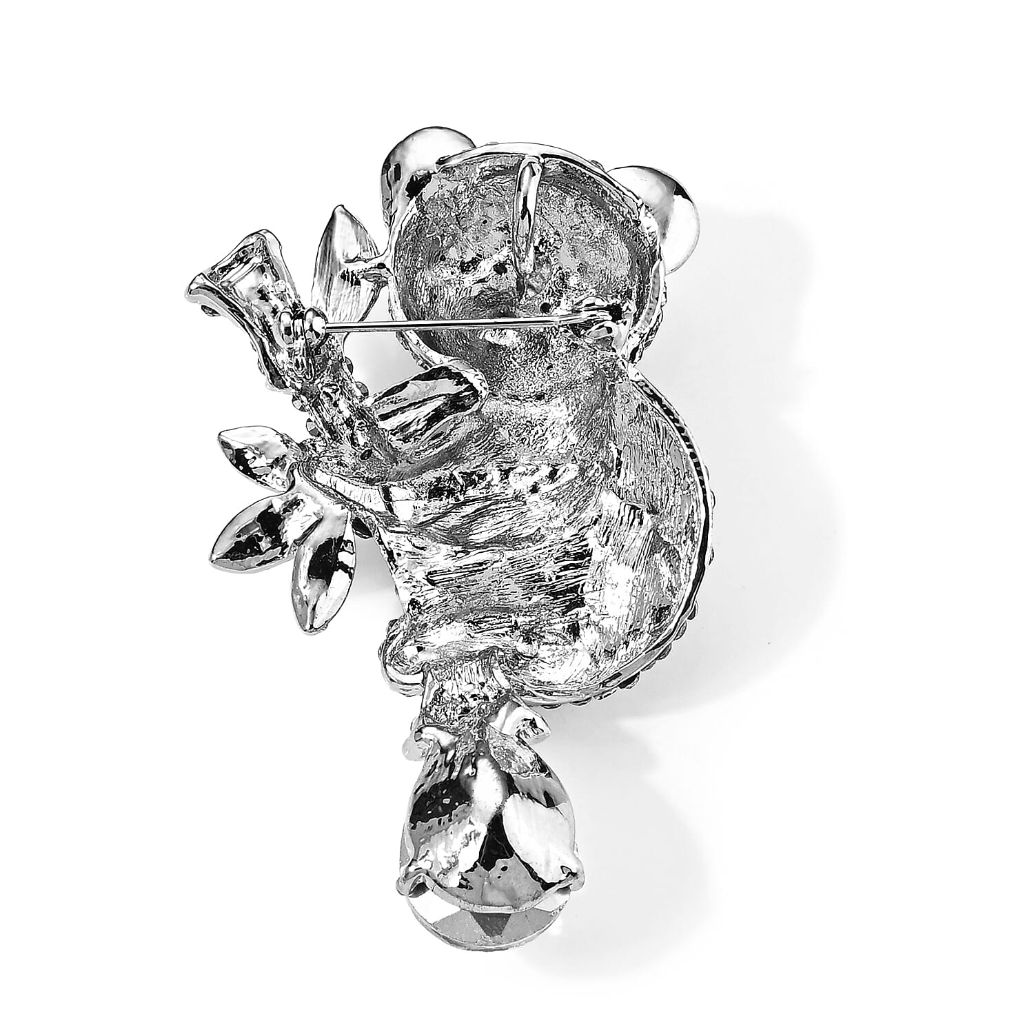 Austrian White and Black Crystal Cat Brooch in Silvertone