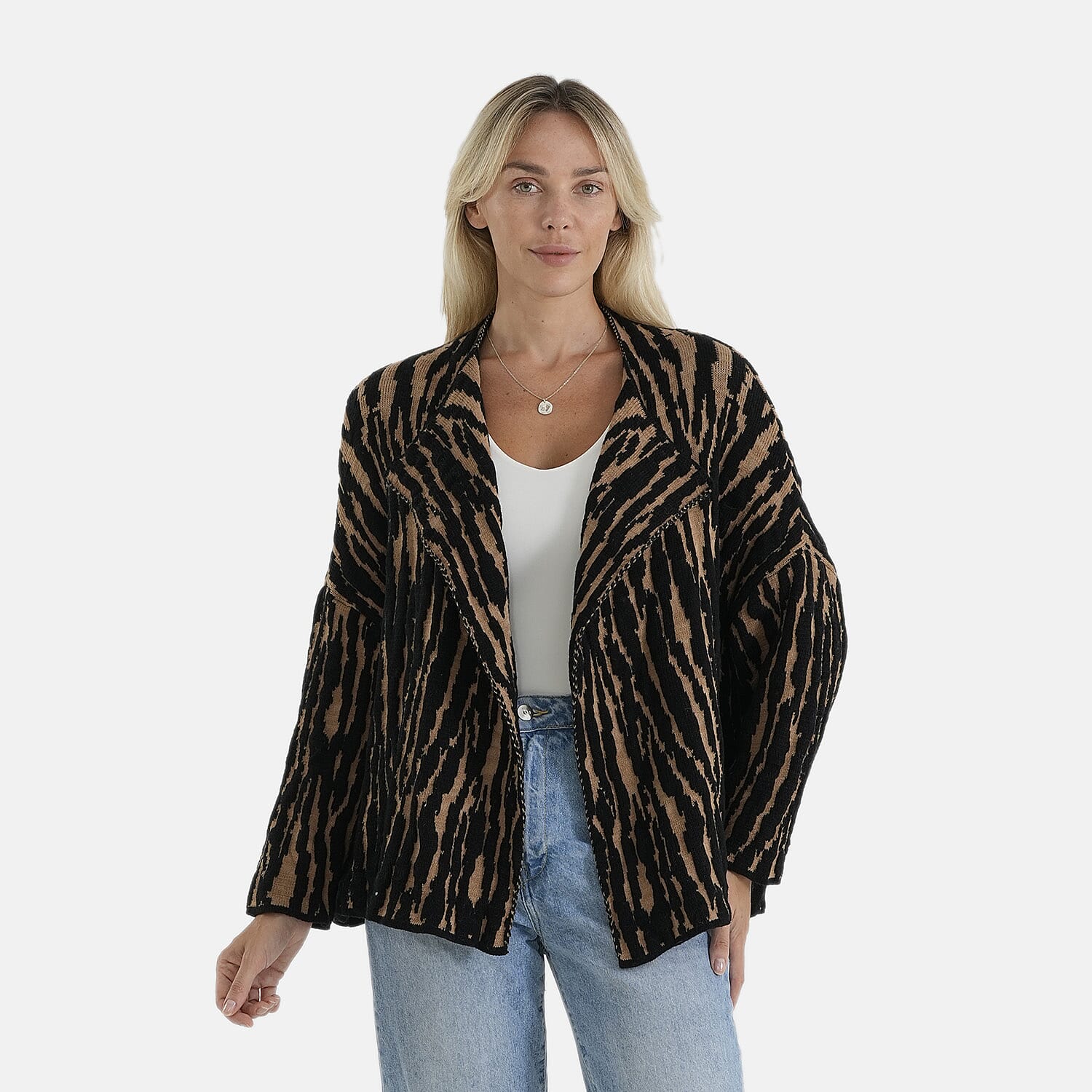 La Marey Brown Double Knit Printed Cardigan - One Size Fits Most