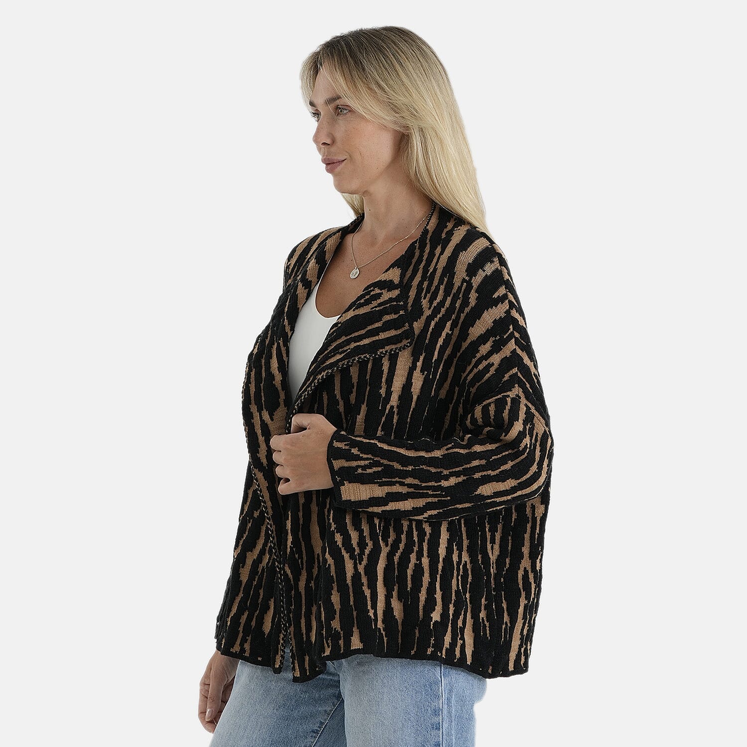 La Marey Brown Double Knit Printed Cardigan - One Size Fits Most