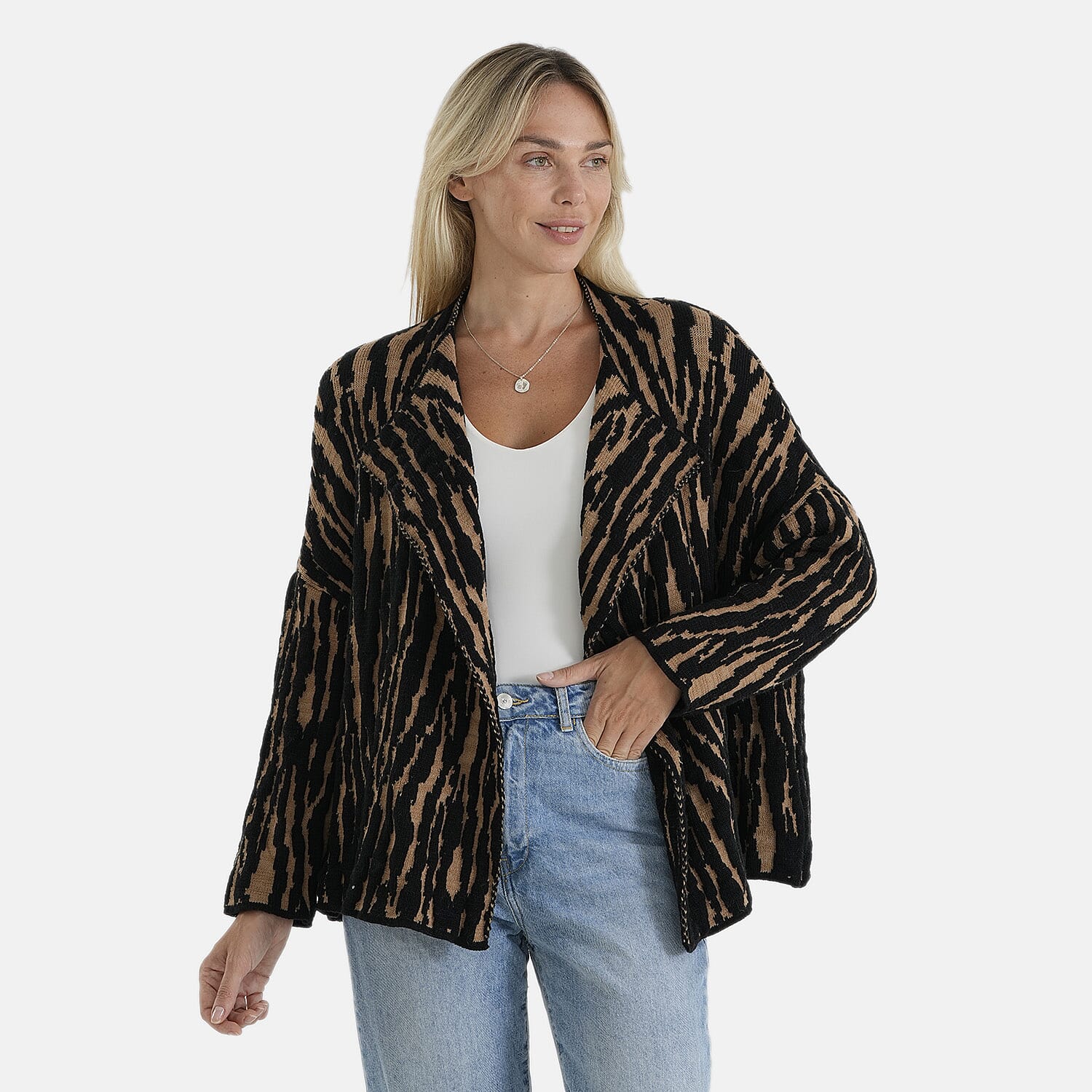 La Marey Brown Double Knit Printed Cardigan - One Size Fits Most
