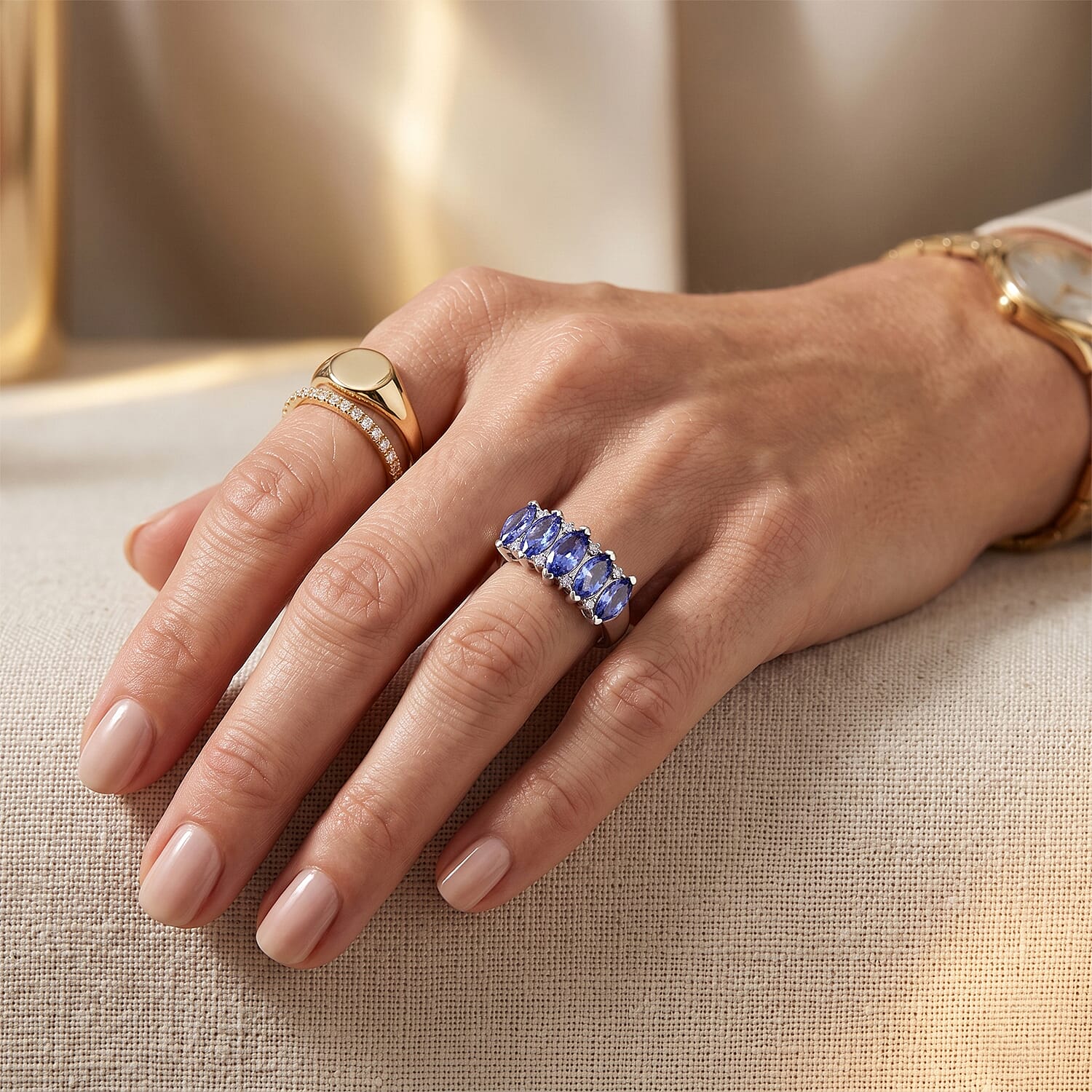 D'Joy Premium Tanzanite and Moissanite 1.85 ctw Violet Petal Row Ring in Rhodium Over Sterling Silver (Size 6.0)