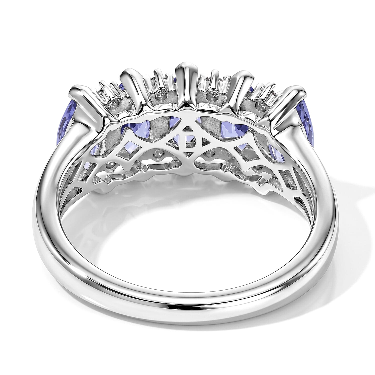 D'Joy Premium Tanzanite and Moissanite 1.85 ctw Violet Petal Row Ring in Rhodium Over Sterling Silver (Size 6.0)