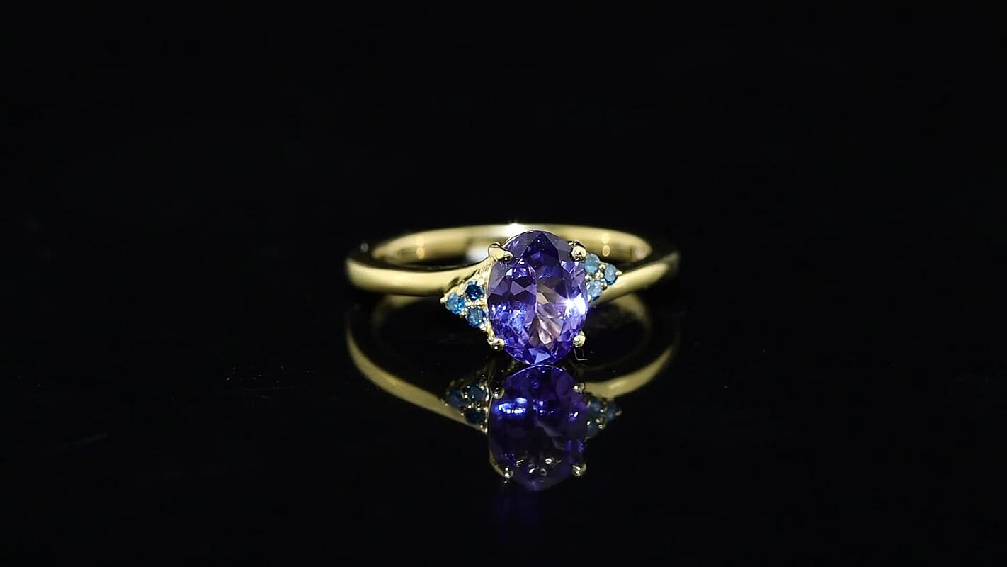 D''Joy Premium Tanzanite and Blue Diamond 1.30 ctw Ring in 18K Vermeil Yellow Gold Over Sterling Silver (Size 10.0)