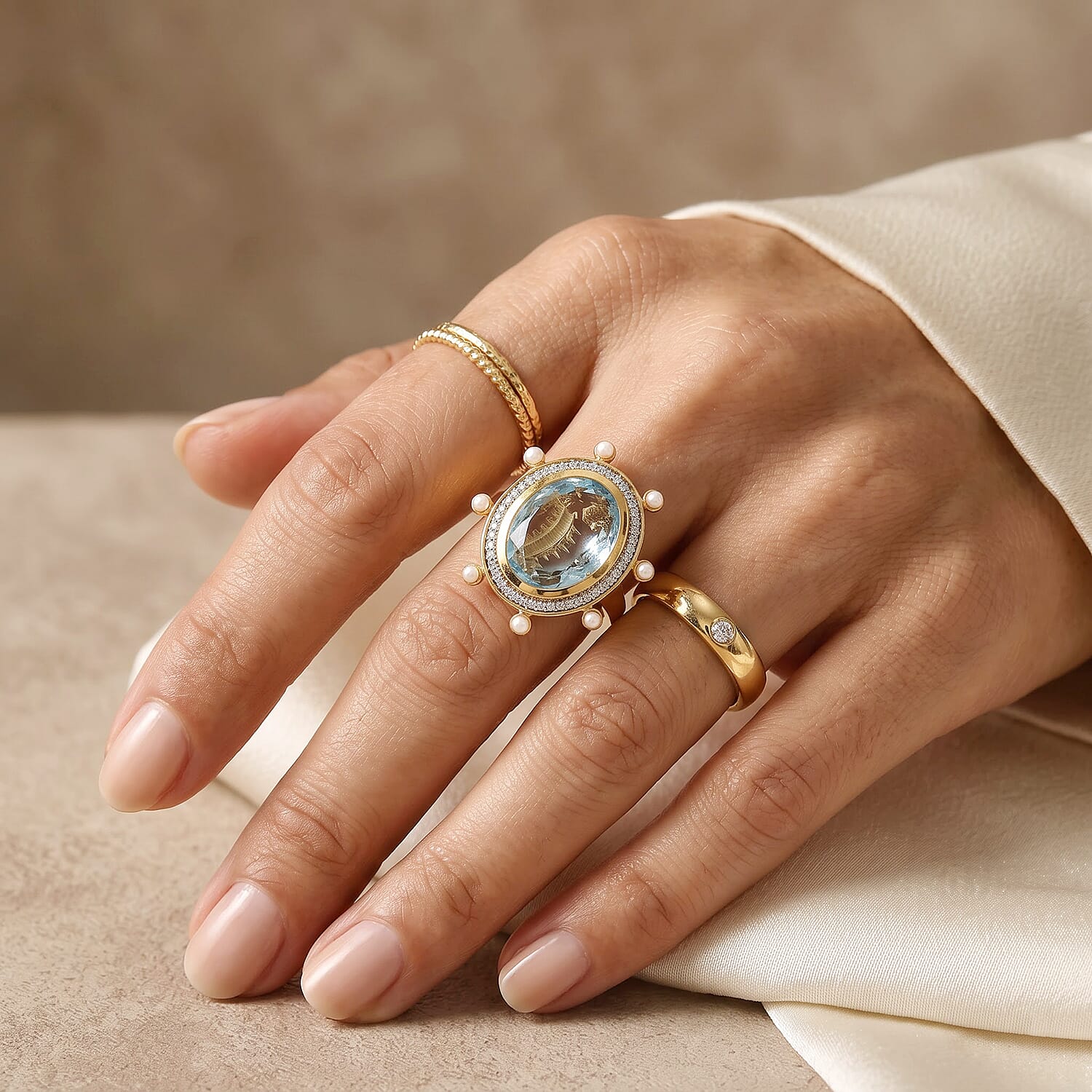 GP Sky Blue Topaz, Multi Gemstone Living Creature Ring in 18K Vermeil YG Over Sterling Silver (Size 6.0) 11.00 ctw