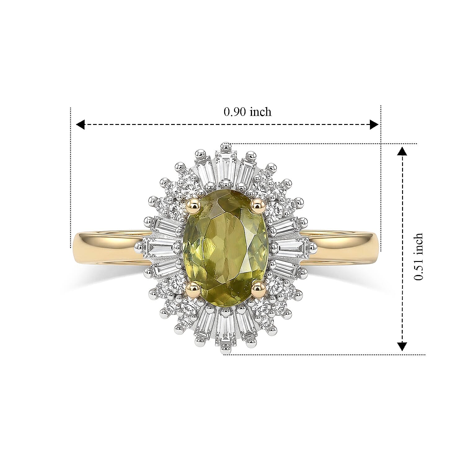 Luxoro Premium Green Sphene and Diamond I2 1.15 ctw Tropical Sunburst Ring in 10K Yellow Gold (Size 5.0)