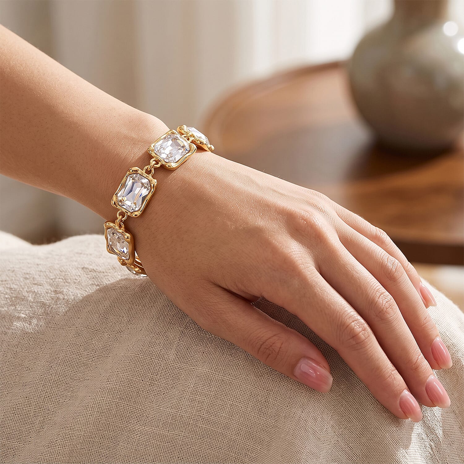 Celebrity Style White Glass Line Bracelet in Silvertone (7.75-9.75In)