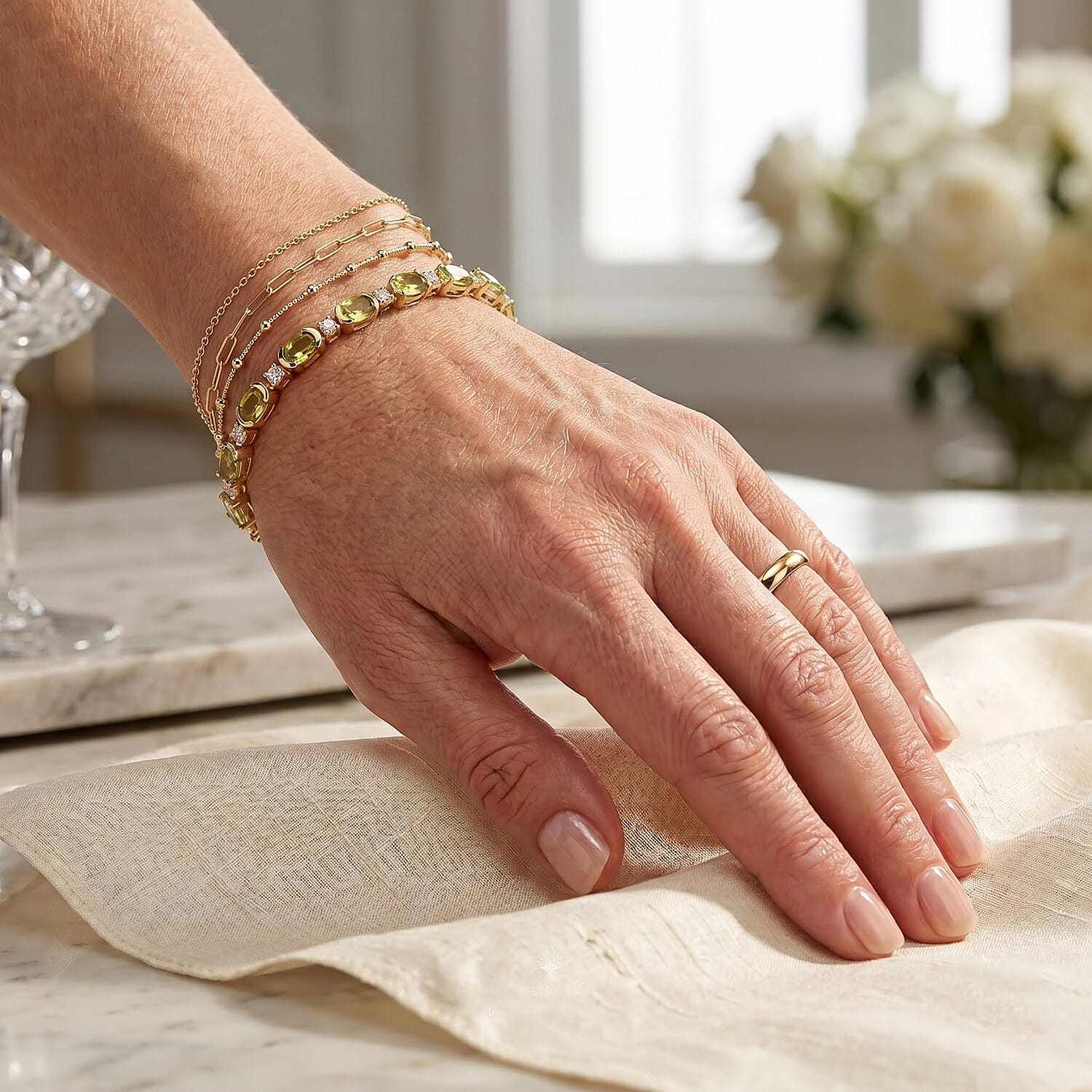 D'Joy Premium Green Sphene and Moissanite 6.10 ctw Bracelet in 18K Vermeil Yellow Gold Over Sterling Silver (7.25 In)