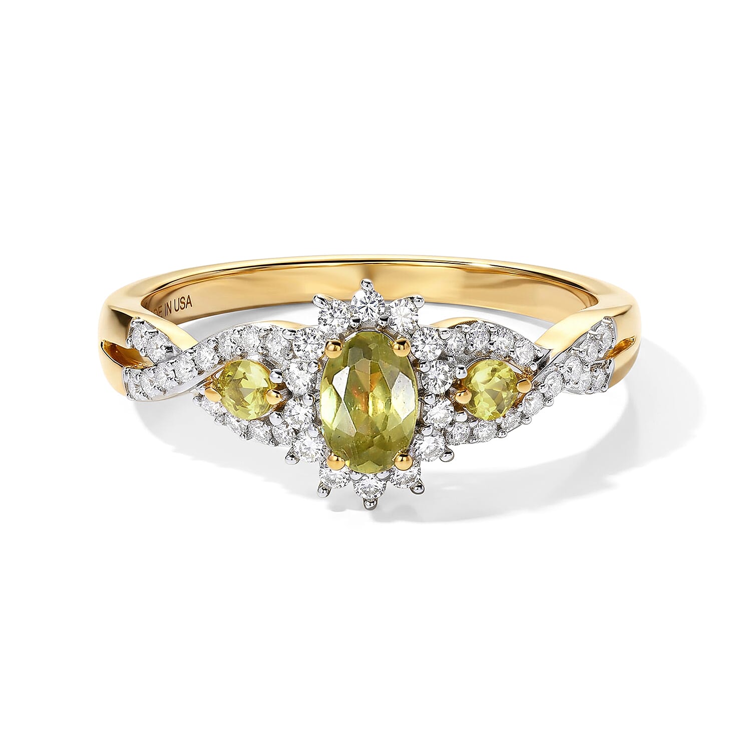 D'Joy Premium Green Sphene and Moissanite 1.10 ctw Canopy Blossom Ring in 18K Vermeil Yellow Gold Over Sterling Silver (Size 6.0)