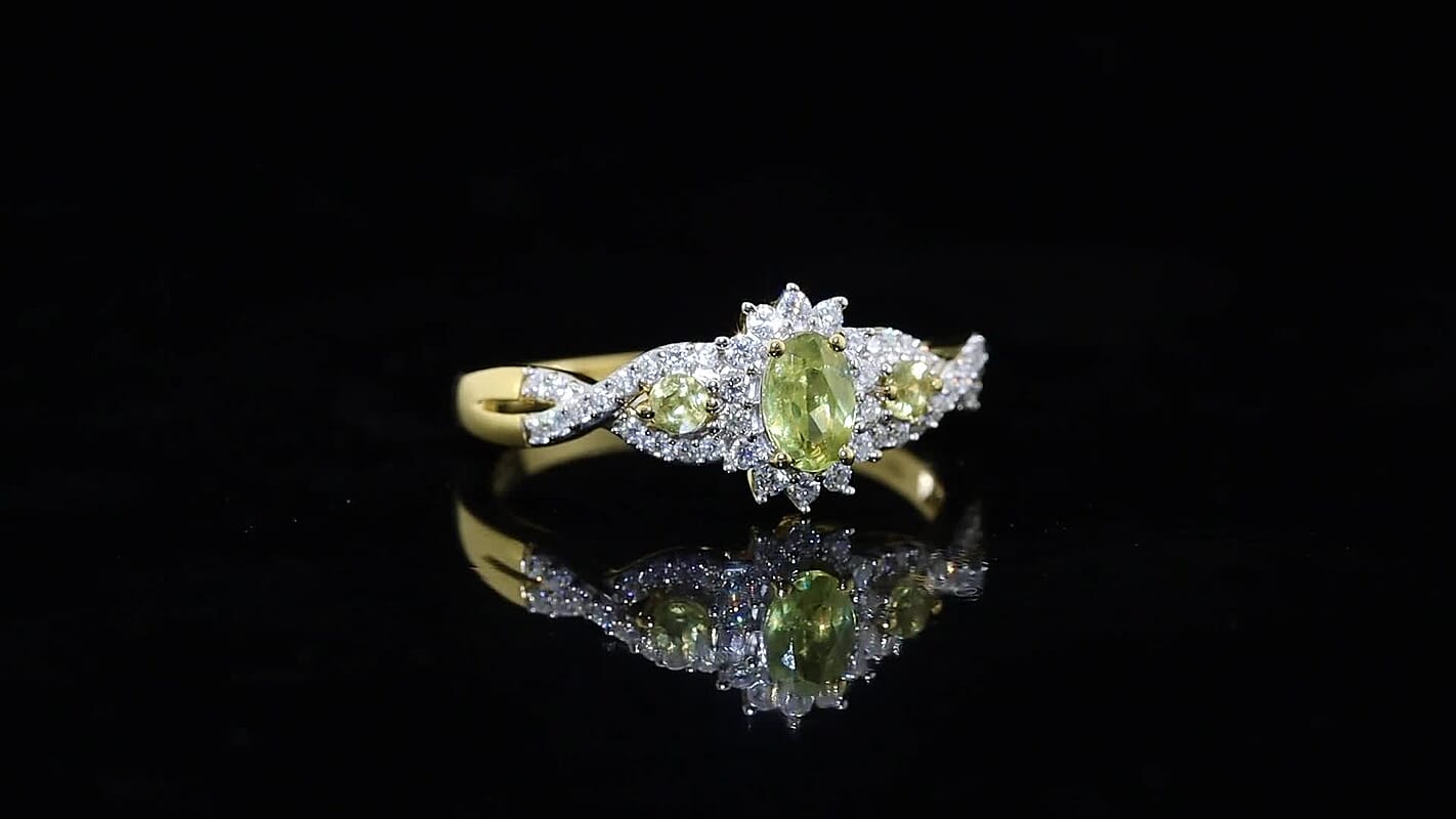 D''Joy Premium Green Sphene and Moissanite 1.10 ctw Ring in 18K Vermeil Yellow Gold Over Sterling Silver (Size 10.0)