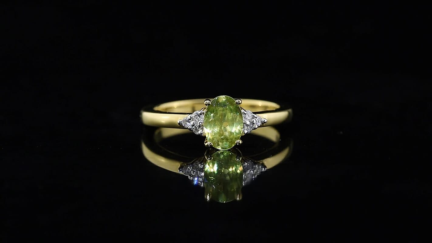 Premium Green Sphene and Luxuriant Lab Grown Diamond G-H SI 1.20 ctw Ring in 18K Vermeil Yellow Gold Over Sterling Silver (Size 7.0)