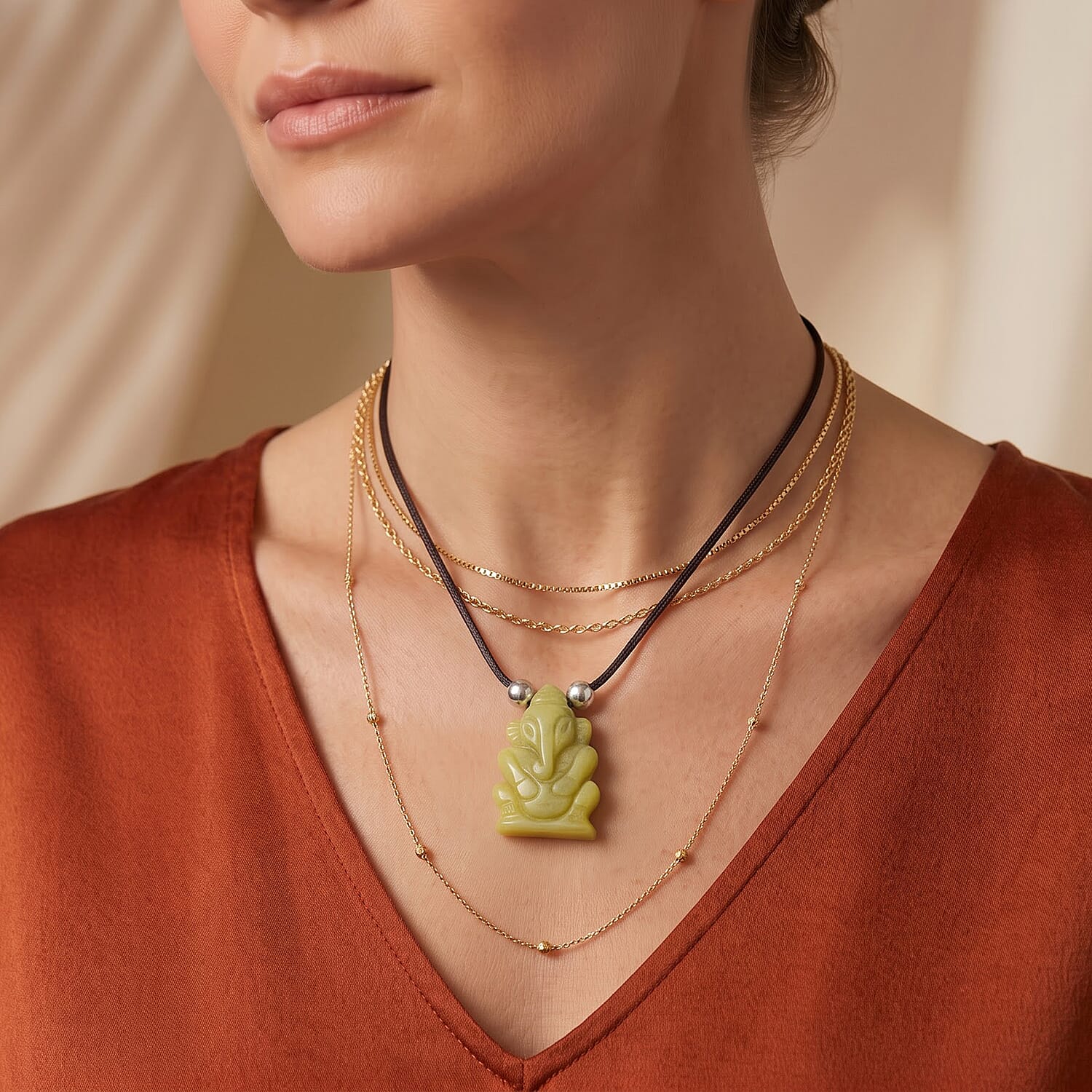 Jade(D) and Simulated Pearl 109.00 ctw Carved Ganesha Blessing Necklace in Platinum Bond 16-19 Inches