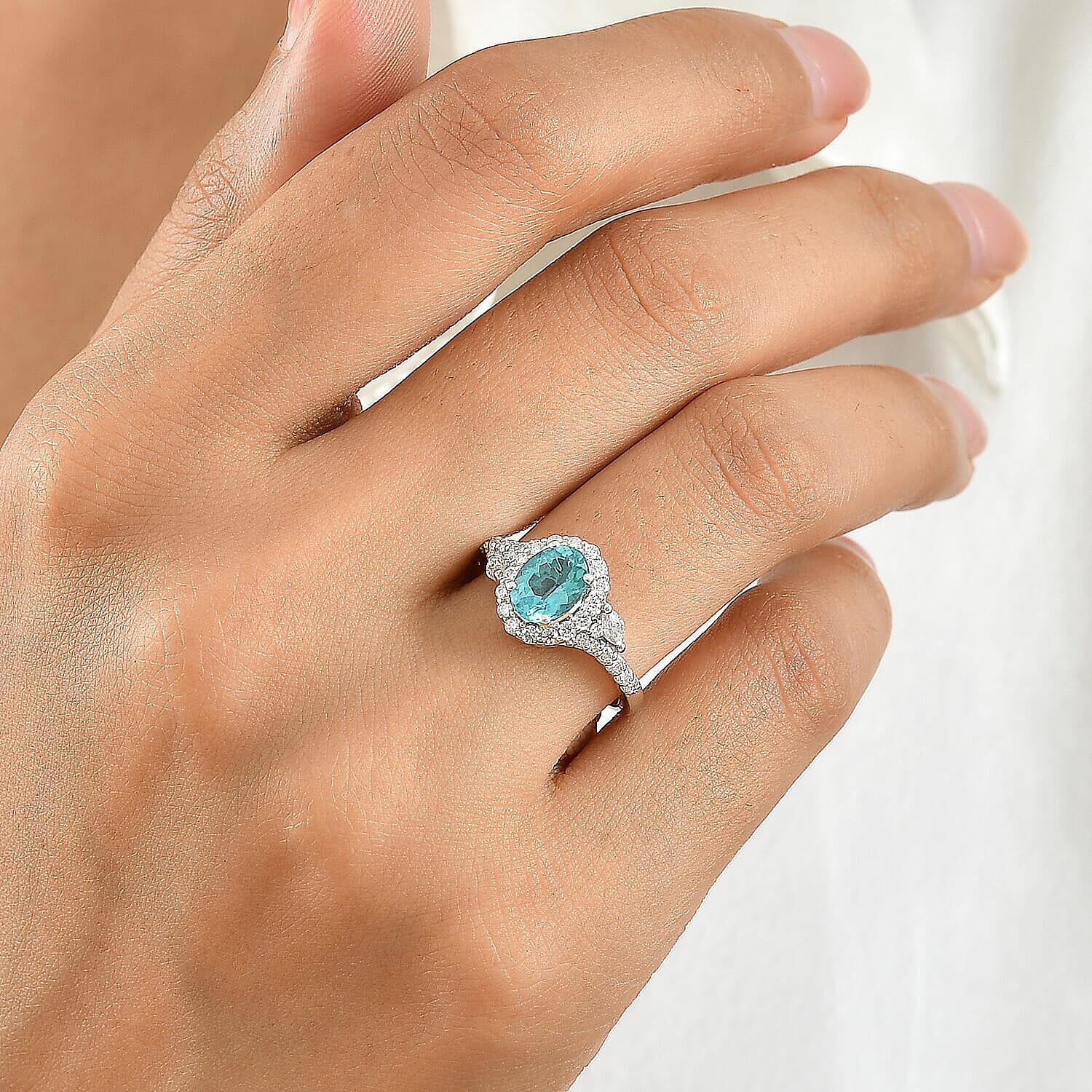 Certified and Appraised D'Joy Premium Betroka Blue Apatite, Moissanite Ring in Rhodium Over Sterling Silver (Size 5.0) 1.80 ctw