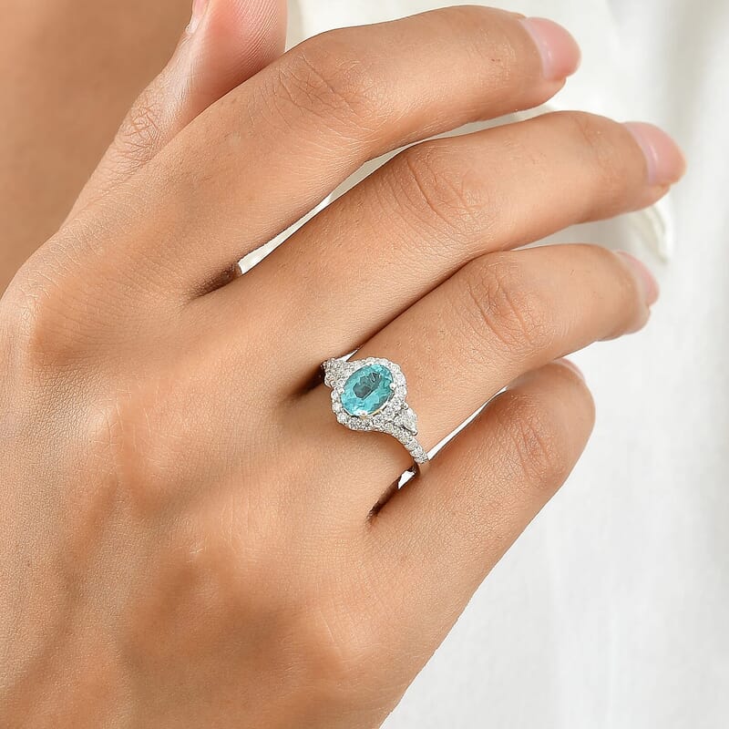 Certified and Appraised D'Joy Premium Betroka Blue Apatite, Moissanite Ring in Rhodium Over Sterling Silver (Size 5.0) 1.80 ctw
