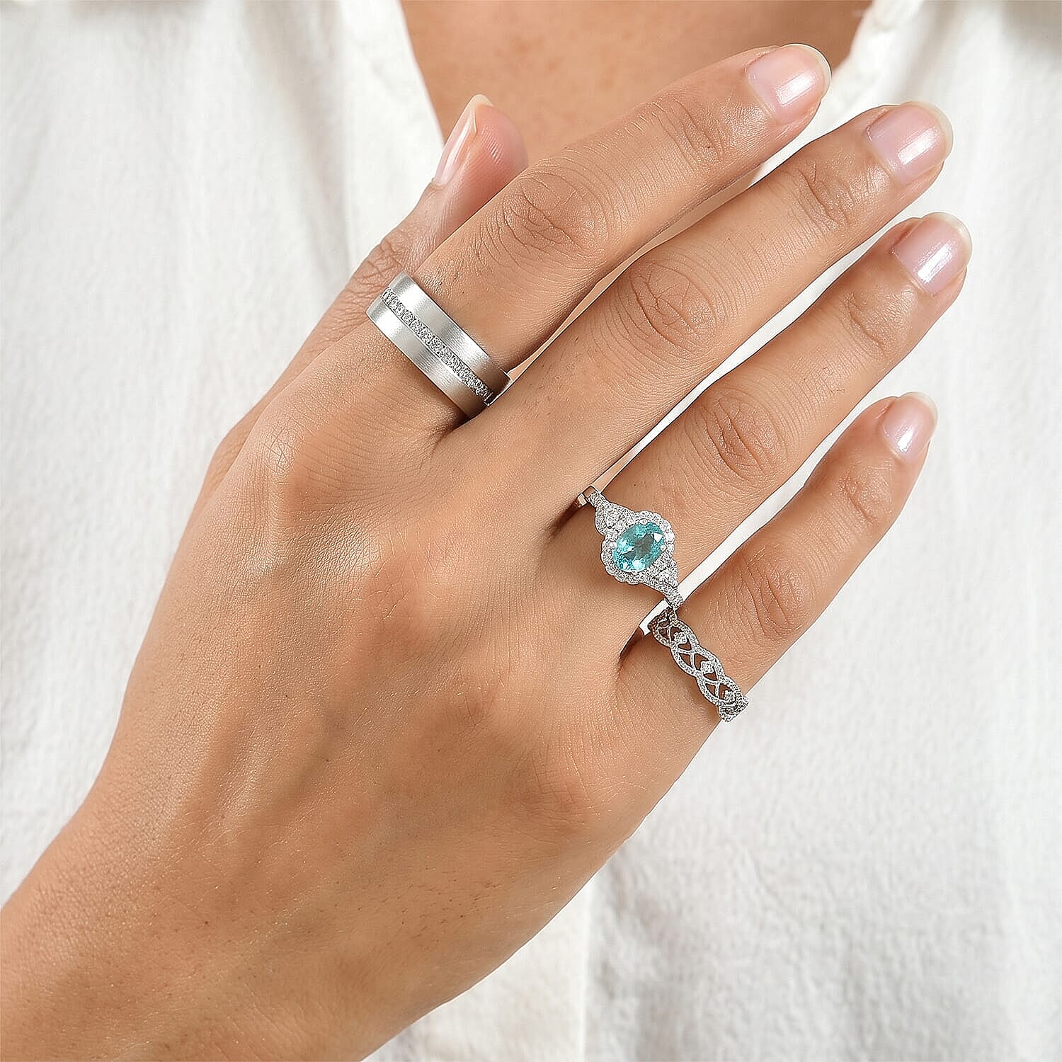 Certified and Appraised D'Joy Premium Betroka Blue Apatite, Moissanite Ring in Rhodium Over Sterling Silver (Size 5.0) 1.80 ctw
