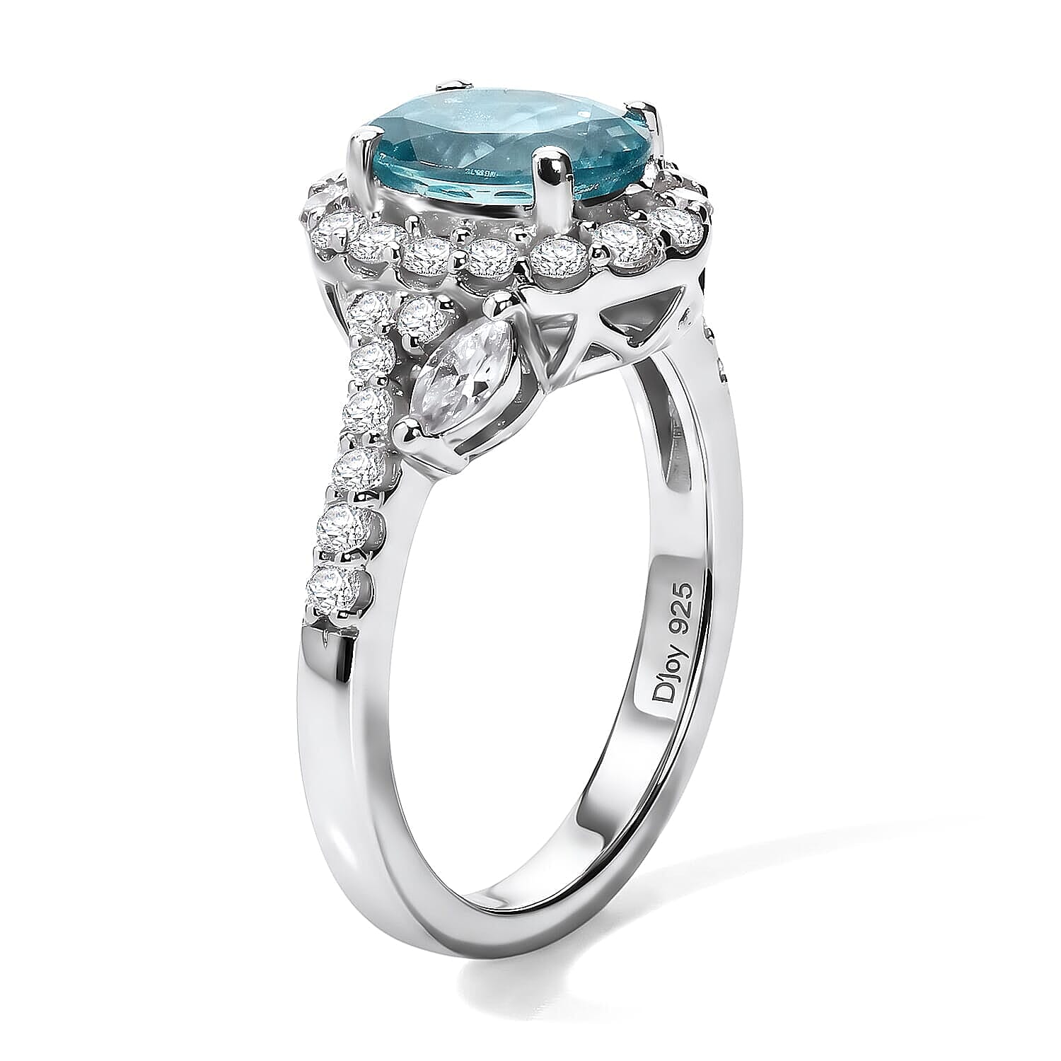 Certified and Appraised D'Joy Premium Betroka Blue Apatite, Moissanite Ring in Rhodium Over Sterling Silver (Size 5.0) 1.80 ctw