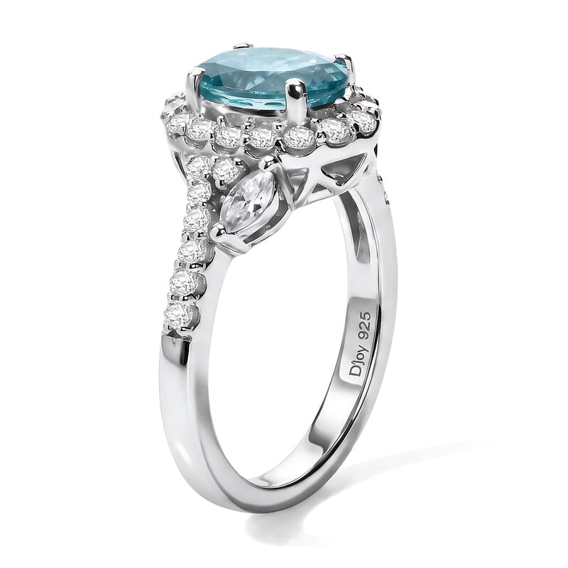 Certified and Appraised D'Joy Premium Betroka Blue Apatite, Moissanite Ring in Rhodium Over Sterling Silver (Size 5.0) 1.80 ctw