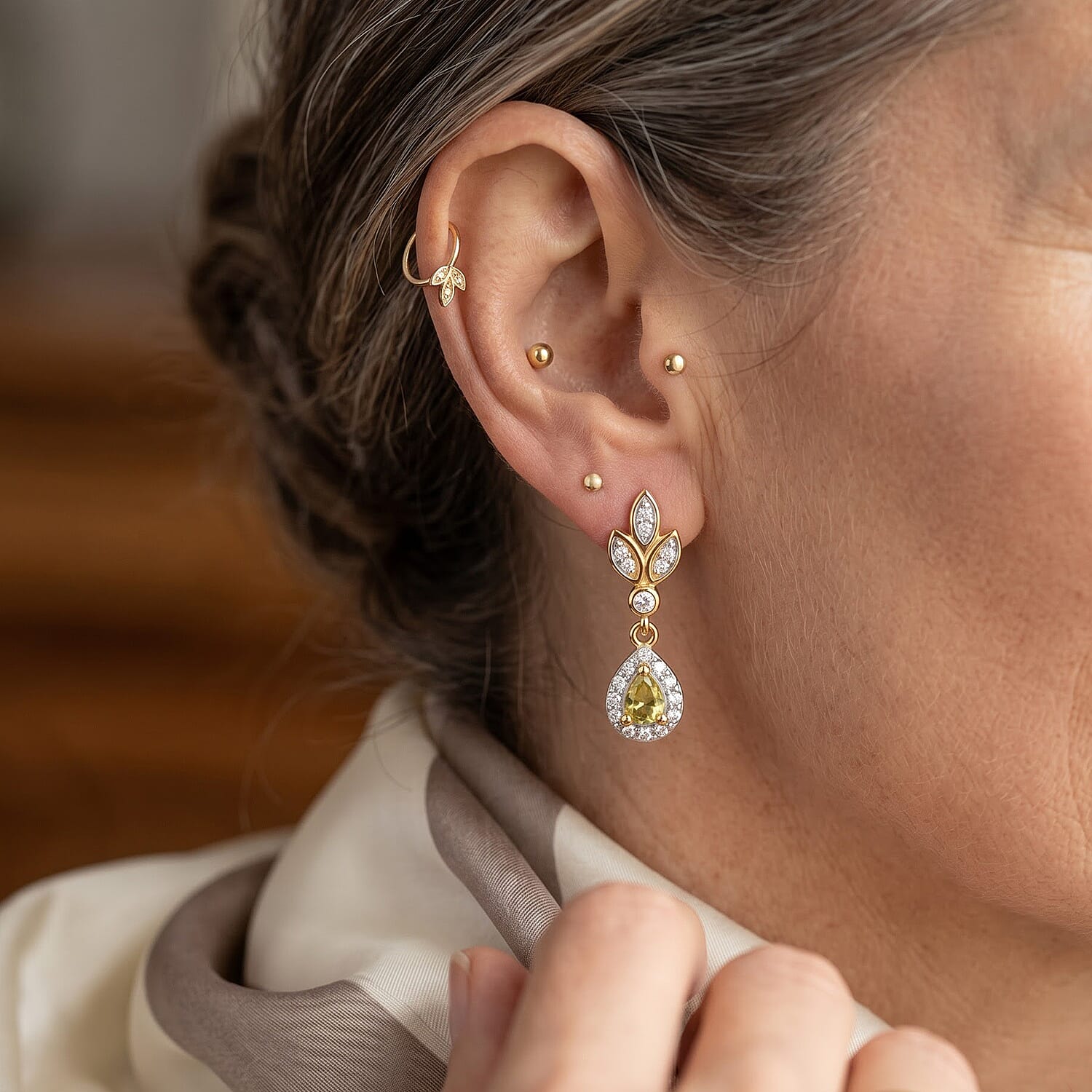 D'Joy Premium Green Sphene and Moissanite 0.60 ctw Earrings in 18K Vermeil Yellow Gold Over Sterling Silver
