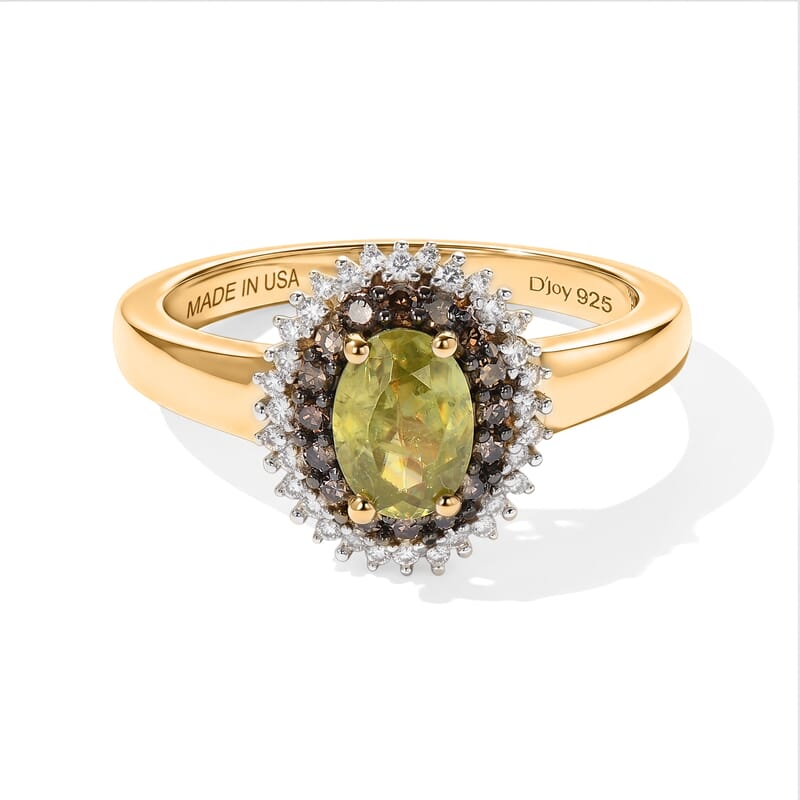 D'Joy Premium Green Sphene, Natural Champagne and White Diamond 1.25 ctw Rainforest Eclipse Ring in 18K Vermeil Yellow Gold Over Sterling Silver (Size 6.0)